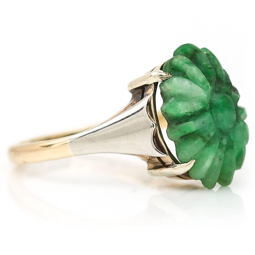 Mixed Cut Mid century 9k Gold Carved Jadeite Flower Head Ring Circa 1960 For Sale