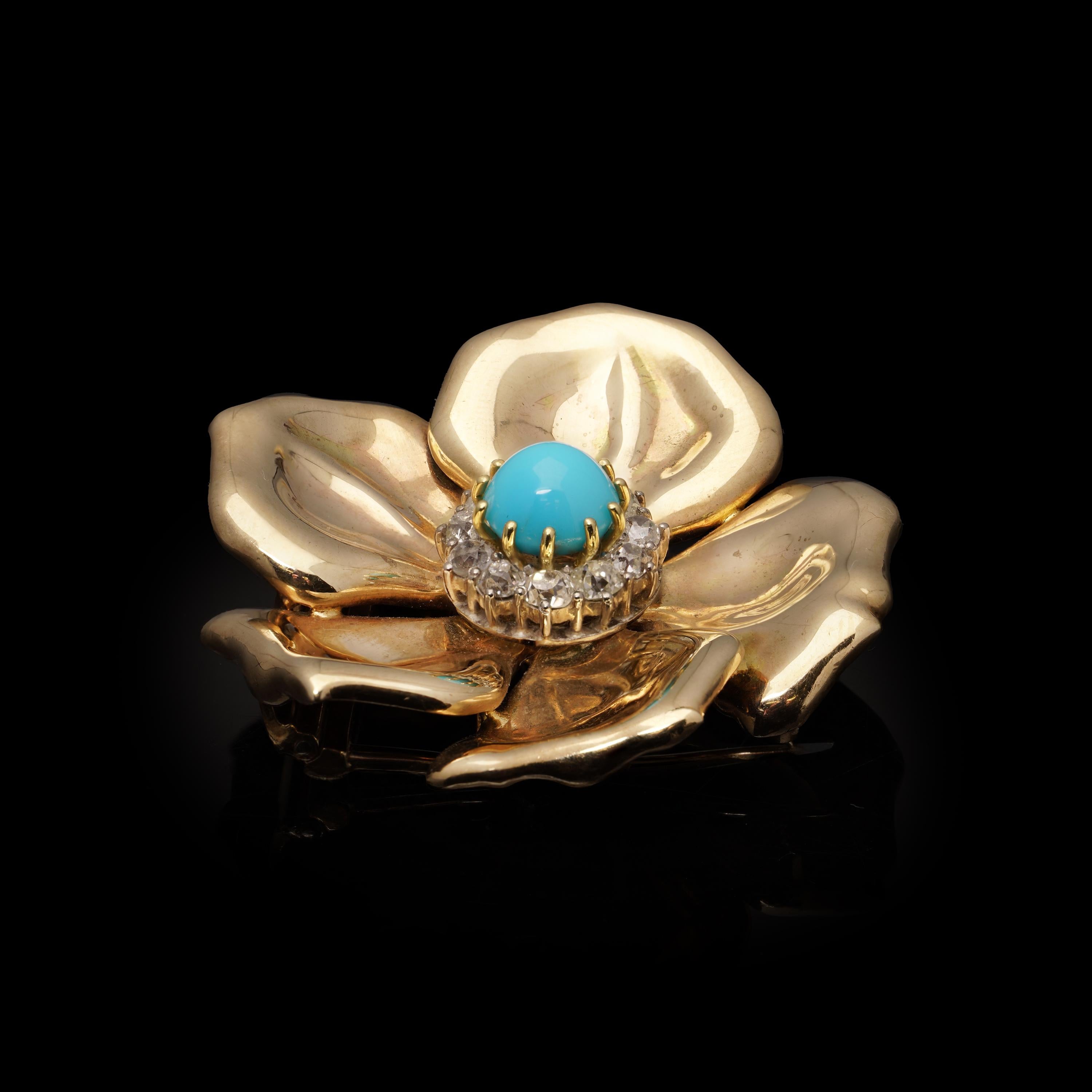 Old Mine Cut Mid-Century 9kt Gold Turquoise and Old Mine-Cut Diamond Flower Brooch For Sale