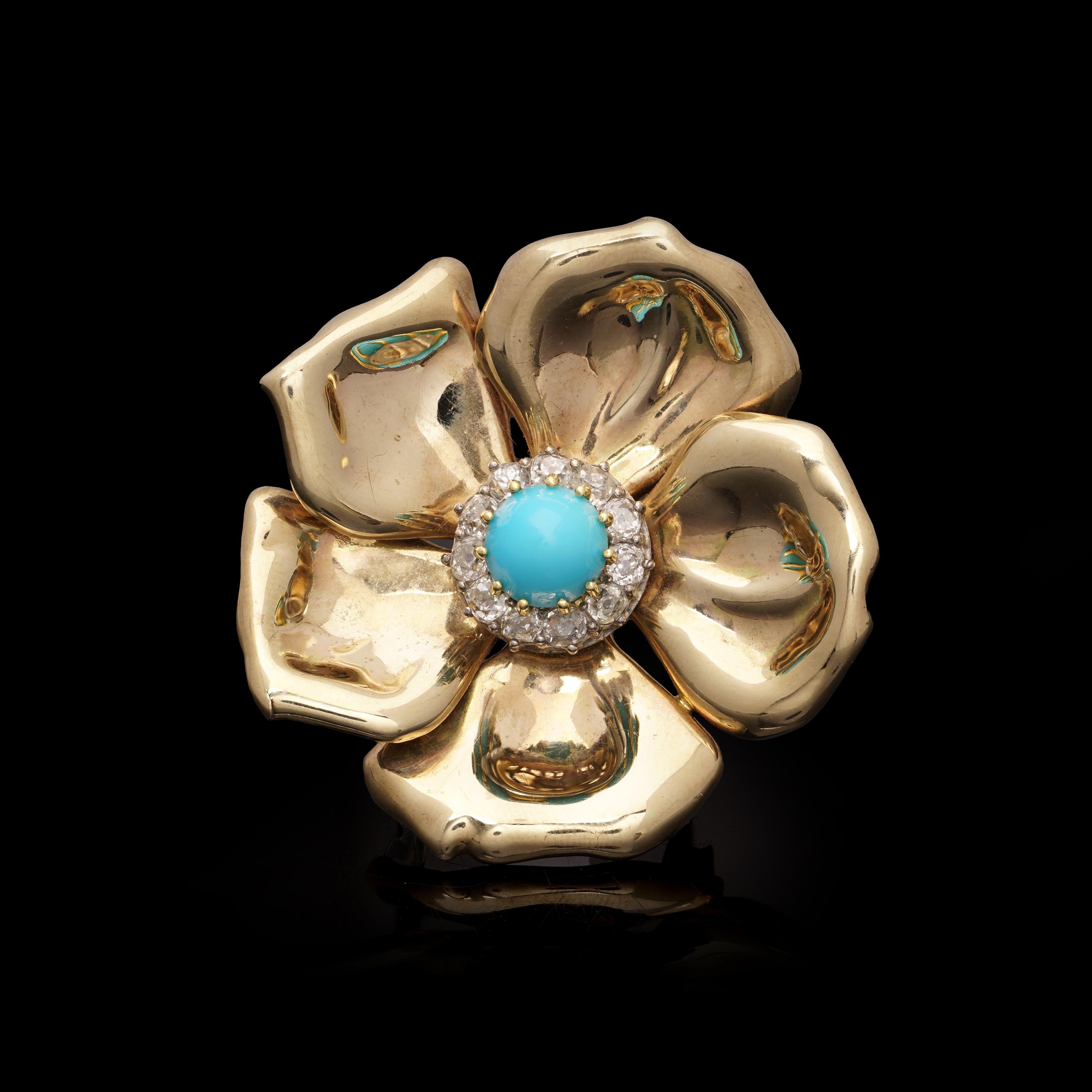 Mid-Century 9kt Gold Turquoise and Old Mine-Cut Diamond Flower Brooch In Good Condition For Sale In Braintree, GB