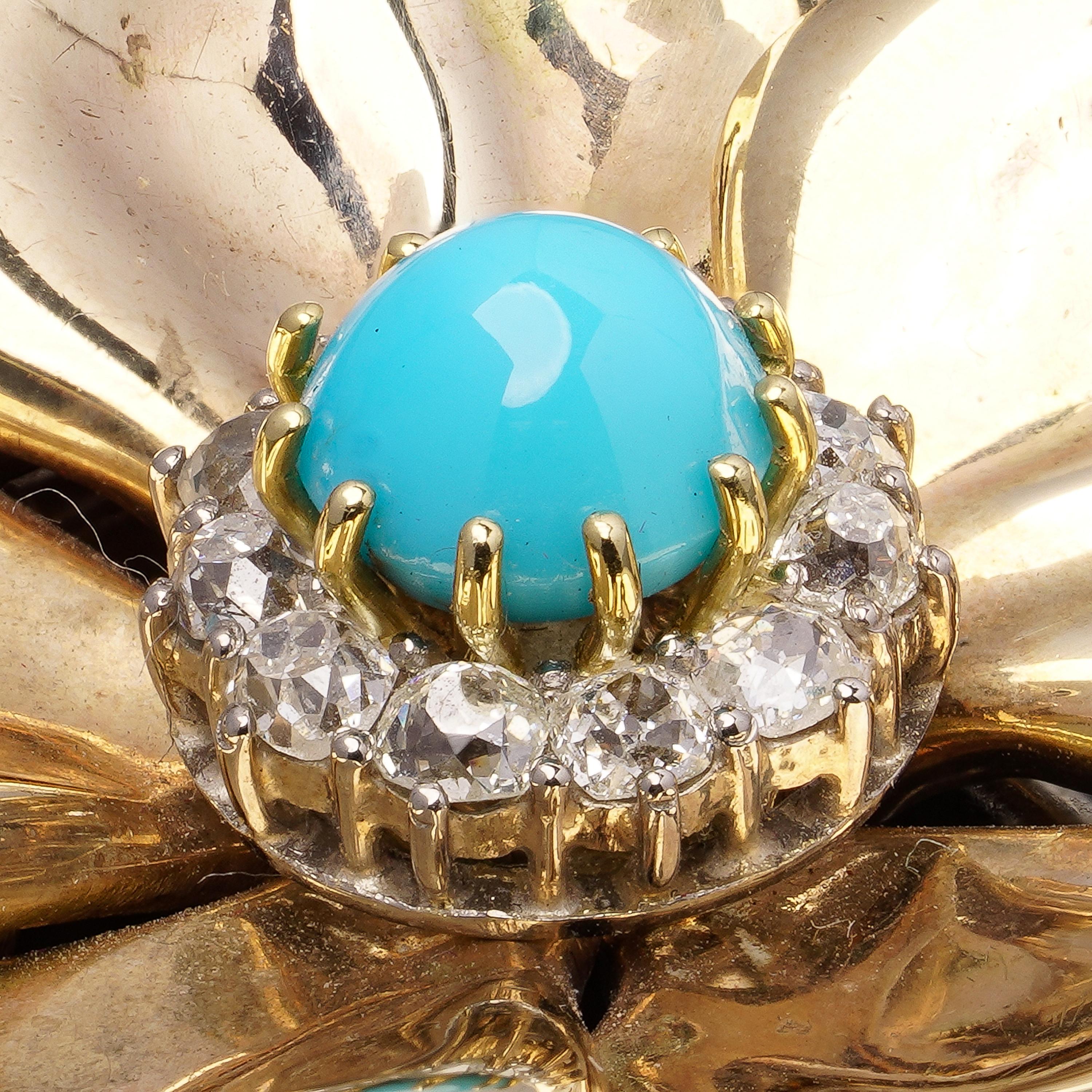 Mid-Century 9kt Gold Turquoise and Old Mine-Cut Diamond Flower Brooch For Sale 1