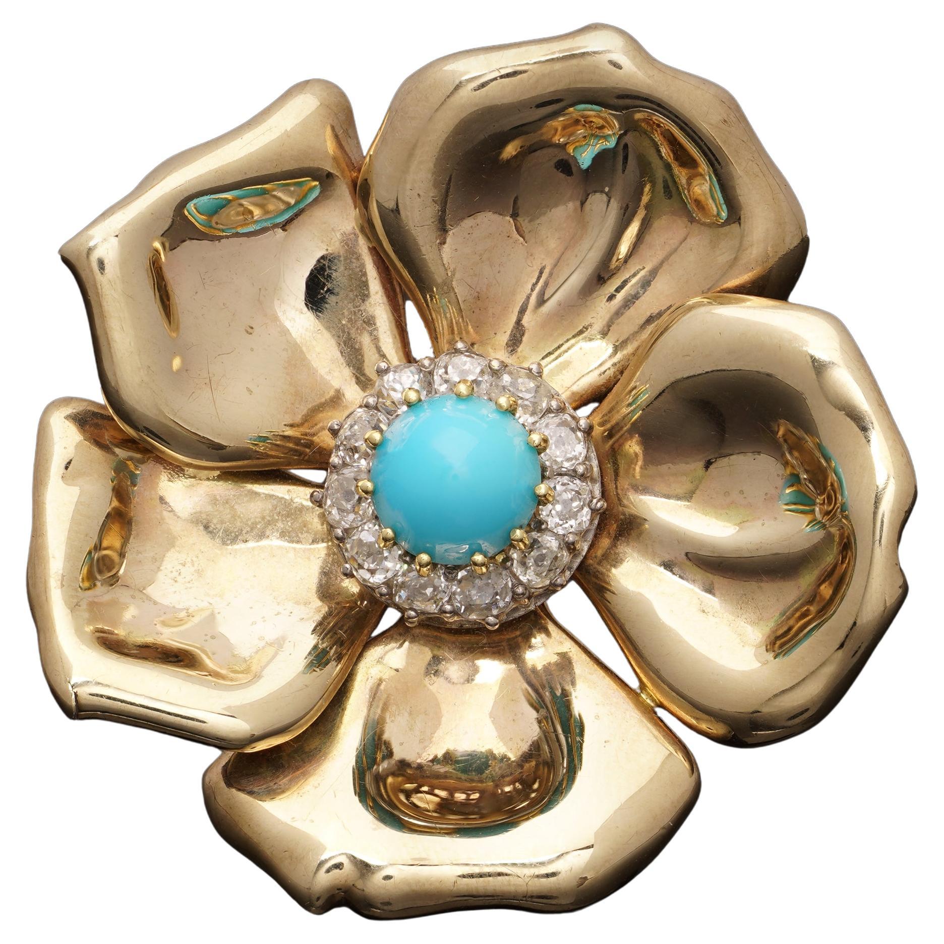 Broche flor de turquesa y diamantes talla antigua en oro de 9 kt de mediados de siglo
