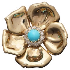 Broche flor de turquesa y diamantes talla antigua en oro de 9 kt de mediados de siglo