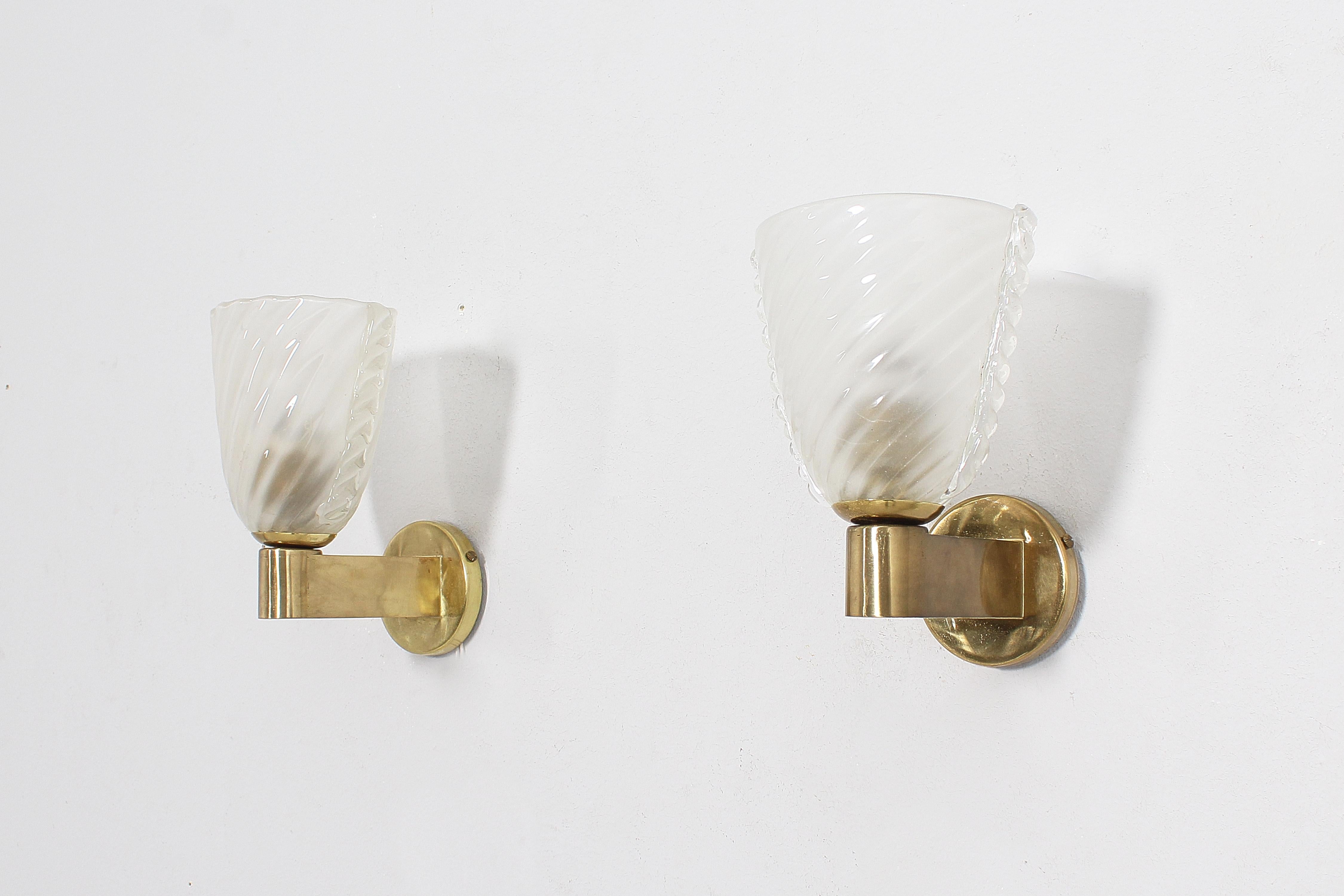 Mid-Century Modern Mid-Century A. Segusoi Set of 2 Brass and Murano Glass Sconces, 50s, Italy
