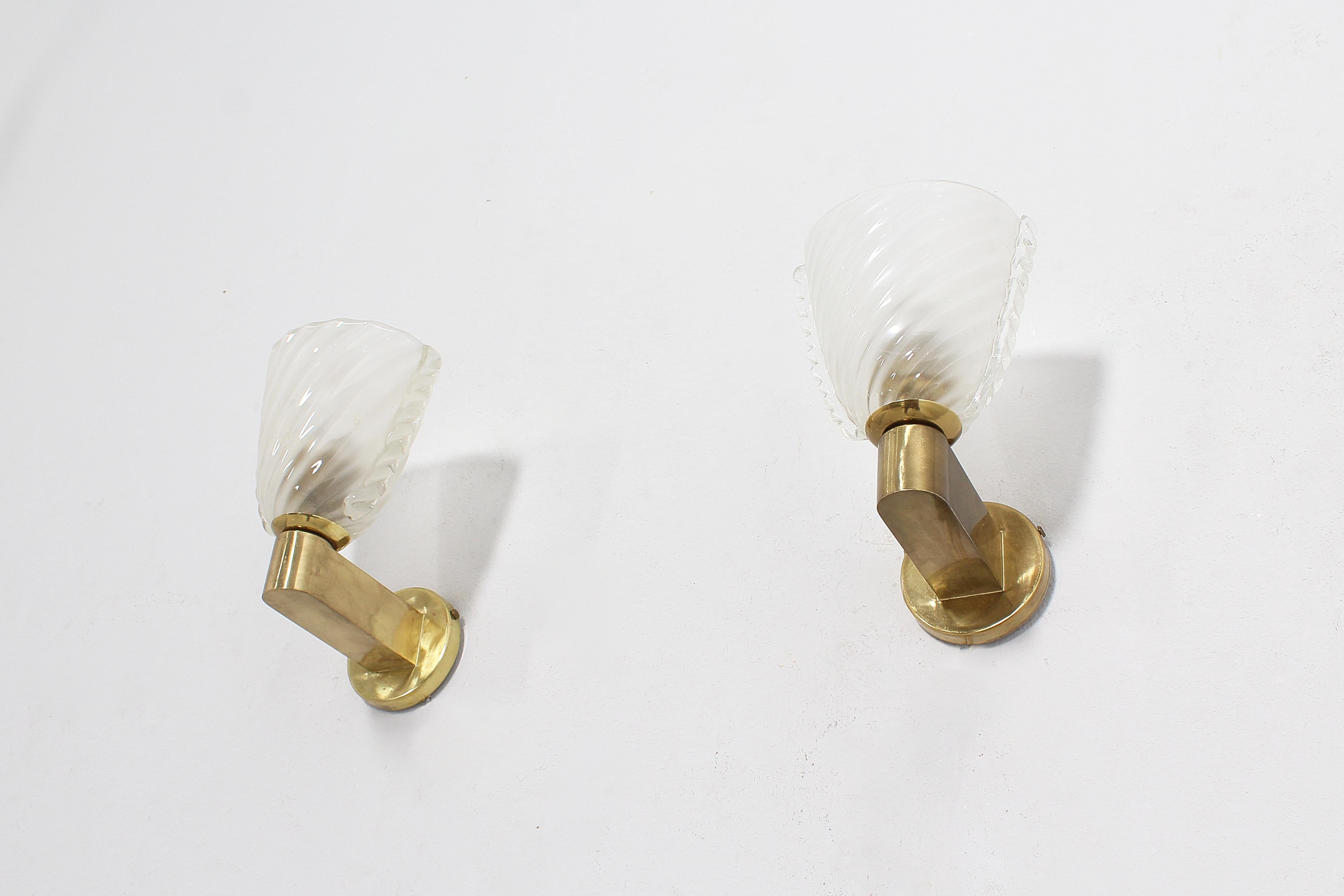 Mid-Century A. Segusoi Set of 2 Brass and Murano Glass Sconces, 50s, Italy In Good Condition In Palermo, IT