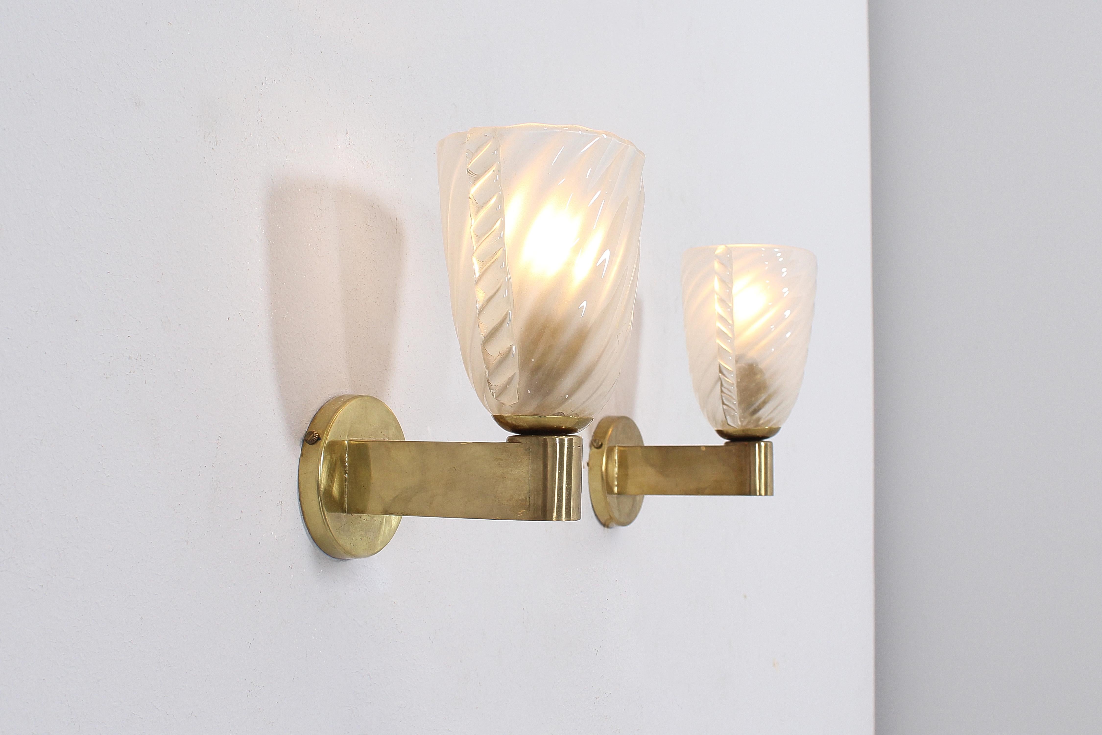 Mid-Century A. Segusoi Set of 2 Brass and Murano Glass Sconces, 50s, Italy 1