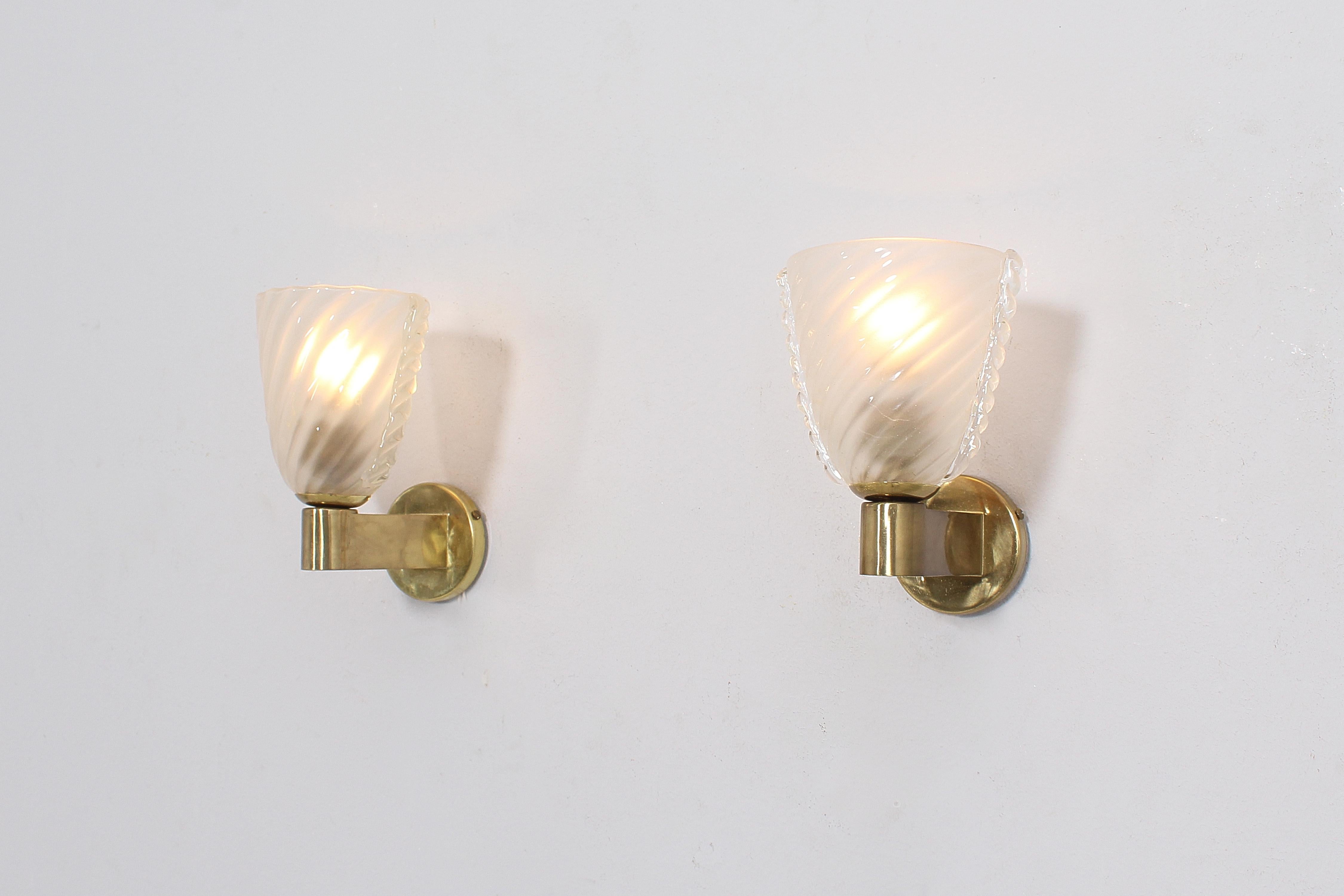 Mid-Century A. Segusoi Set of 2 Brass and Murano Glass Sconces, 50s, Italy 2