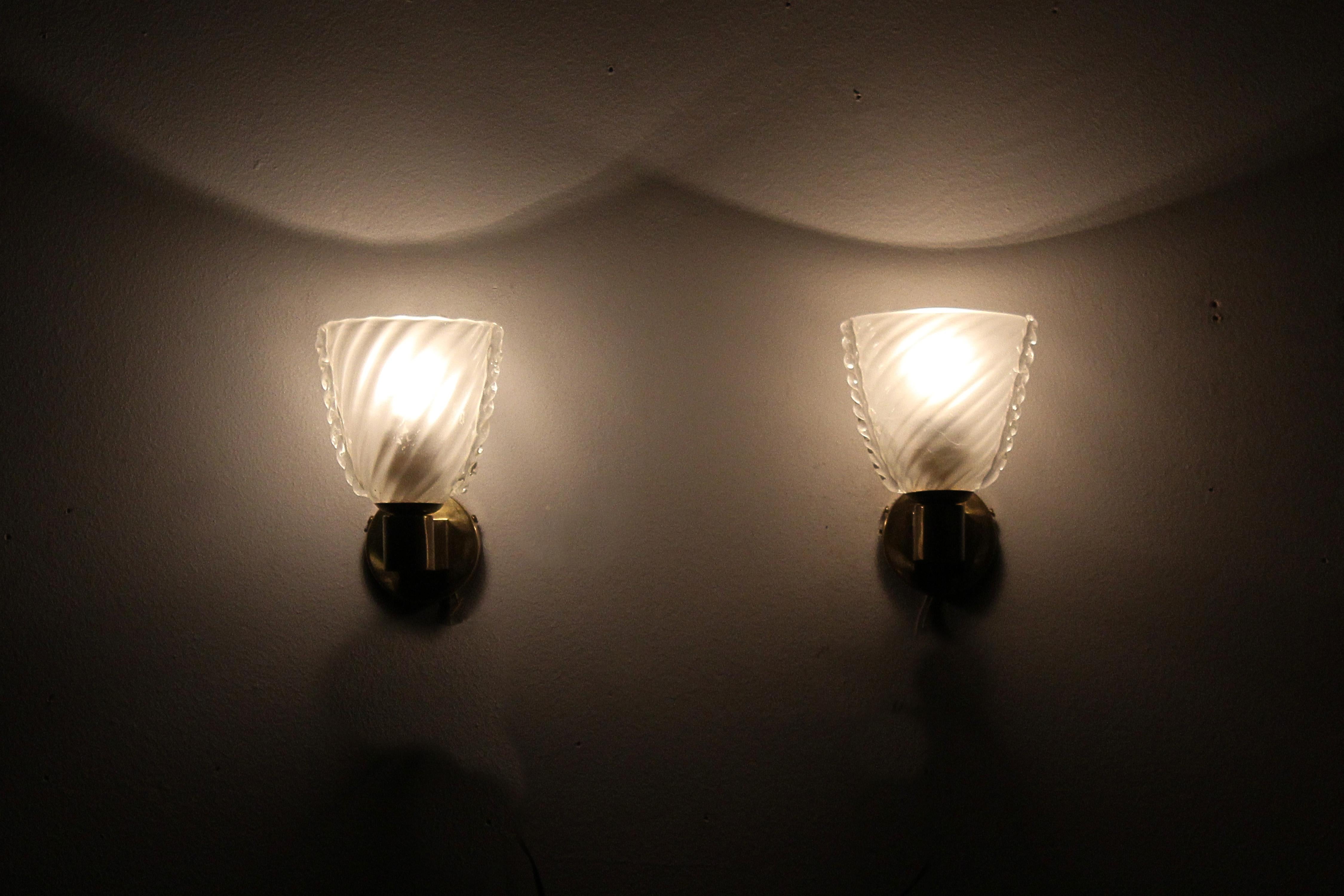 Mid-Century A. Segusoi Set of 2 Brass and Murano Glass Sconces, 50s, Italy 3