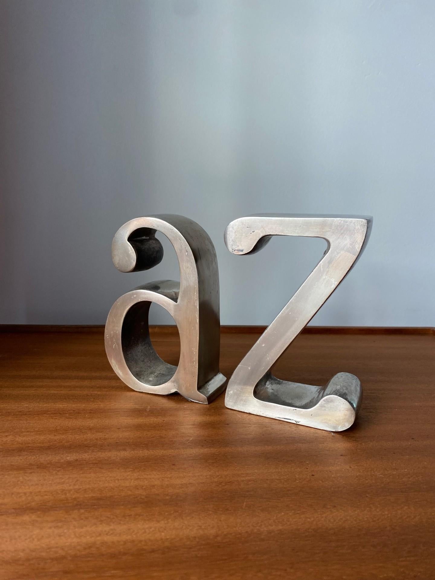 Mid-Century Modern Mid Century A to Z Brushed Steel Bookends  For Sale