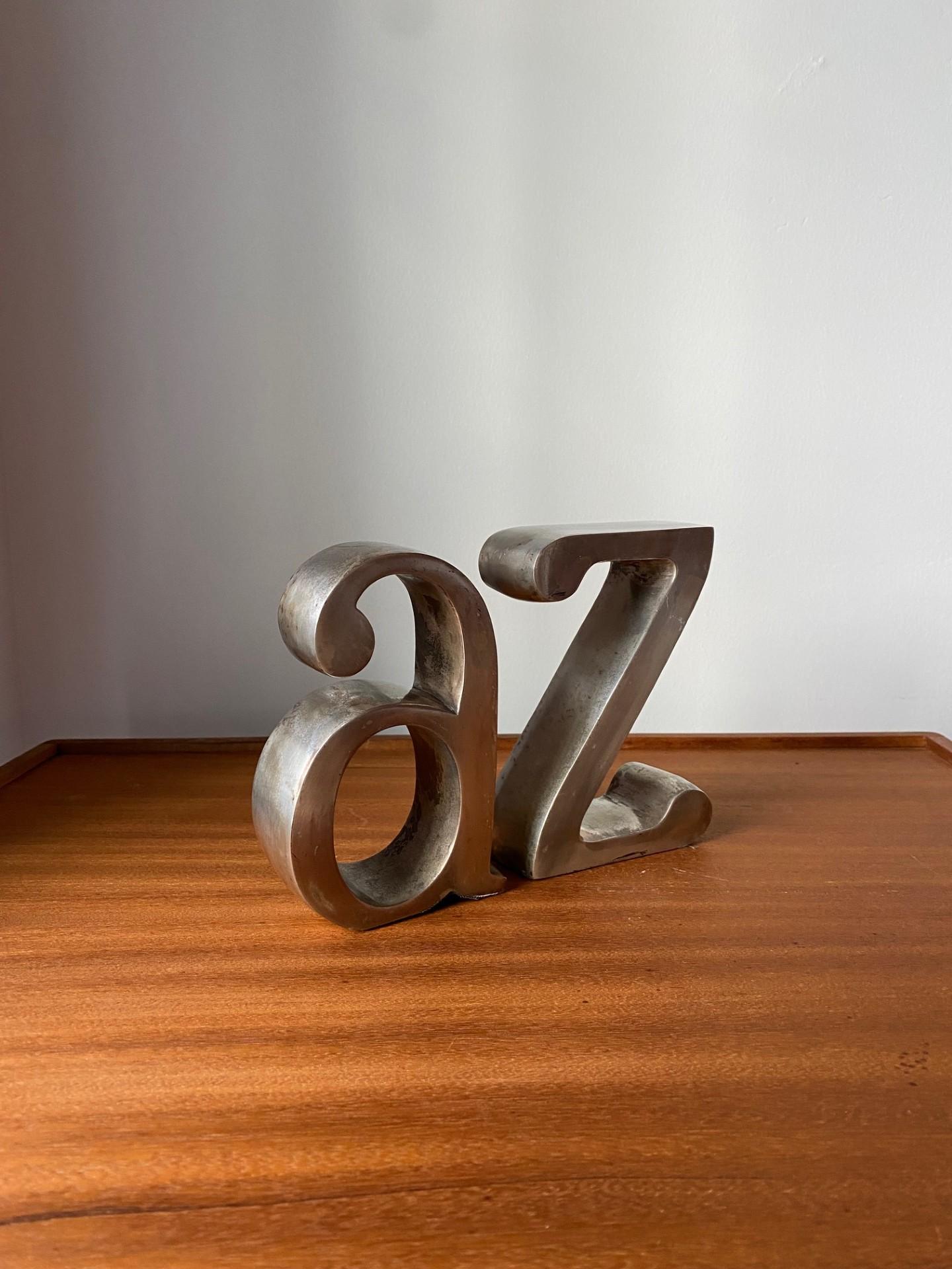 Indian Mid Century A to Z Brushed Steel Bookends  For Sale