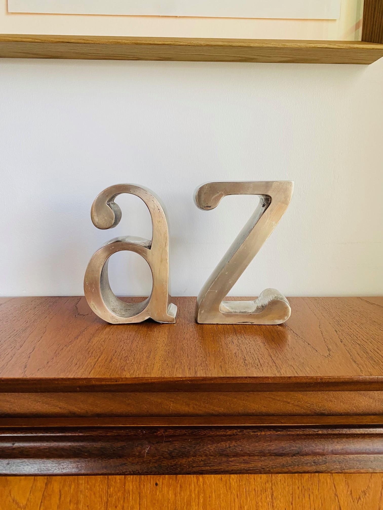 Mid Century A to Z Brushed Steel Bookends  In Good Condition For Sale In San Diego, CA