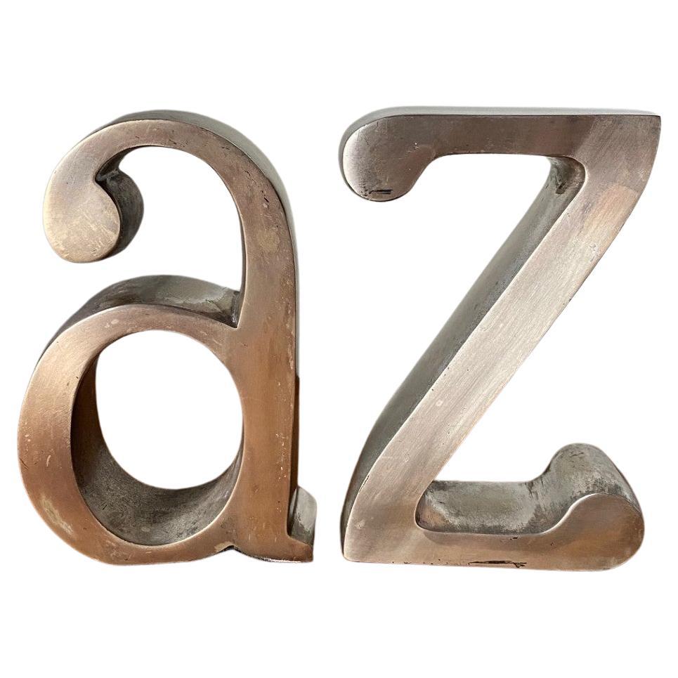 Mid Century A to Z Brushed Steel Bookends  For Sale