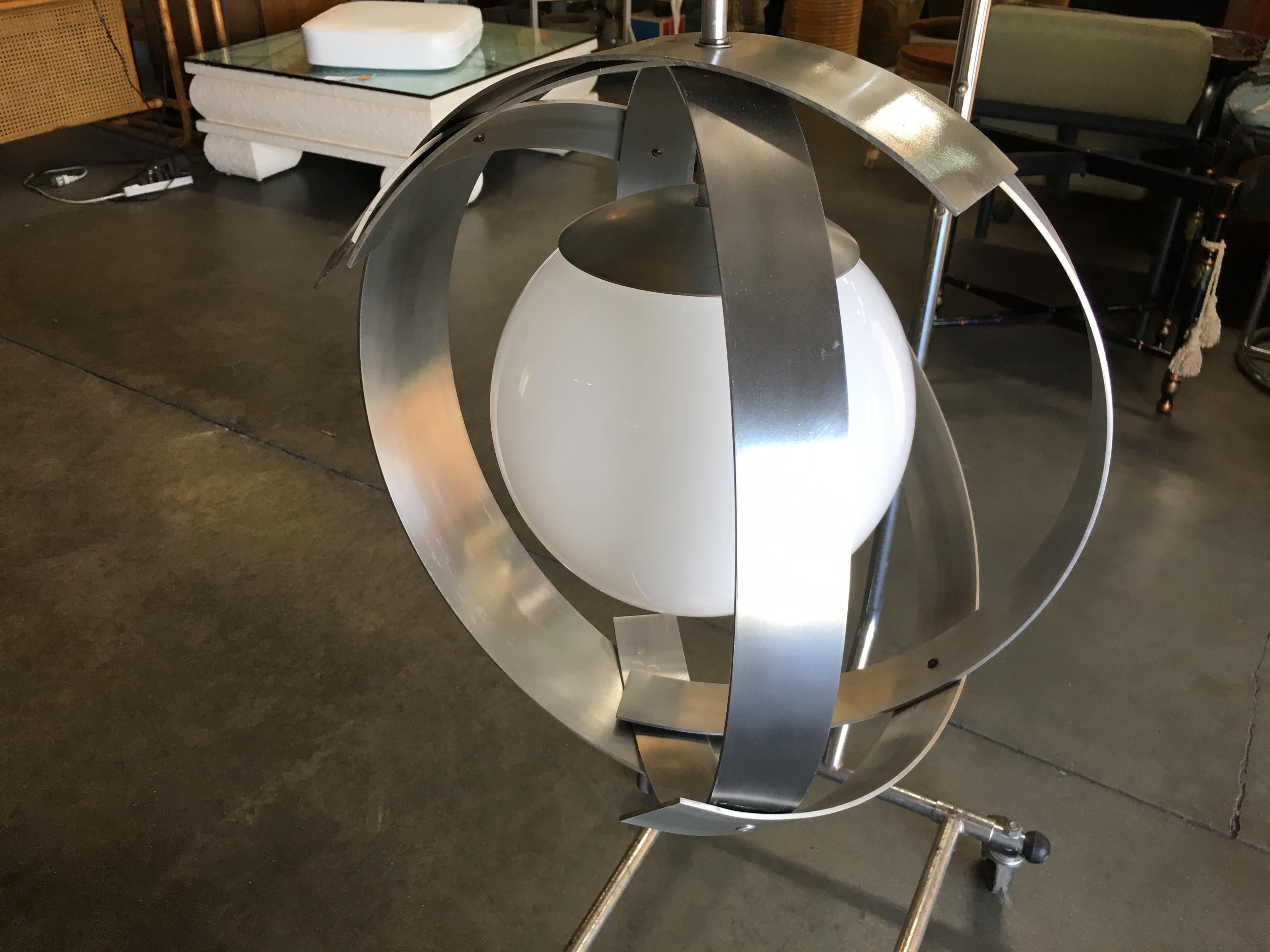 Midcentury Abstract Aluminum Strip Ribbon Globe Chandelier In Excellent Condition For Sale In Van Nuys, CA