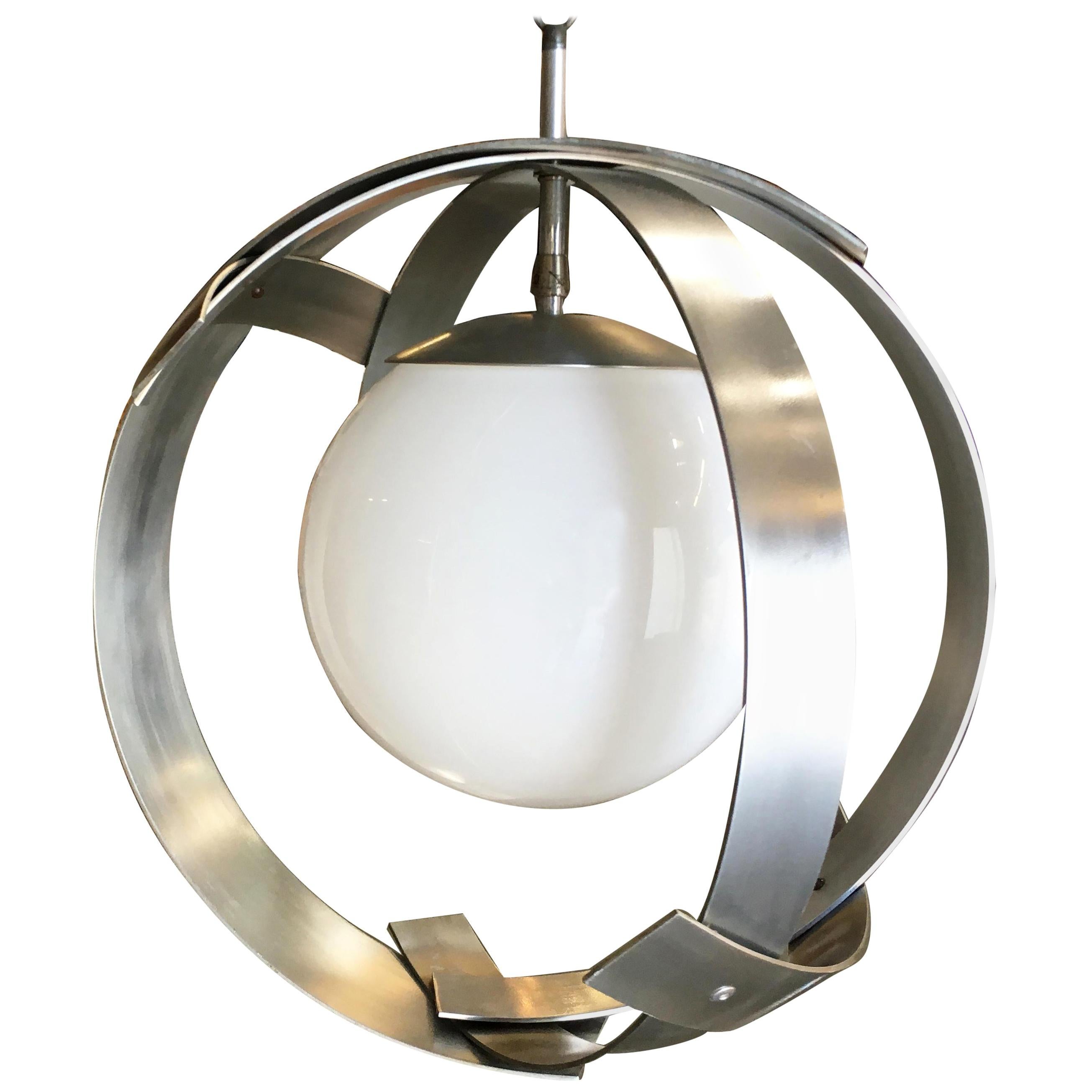 Midcentury Abstract Aluminum Strip Ribbon Globe Chandelier For Sale