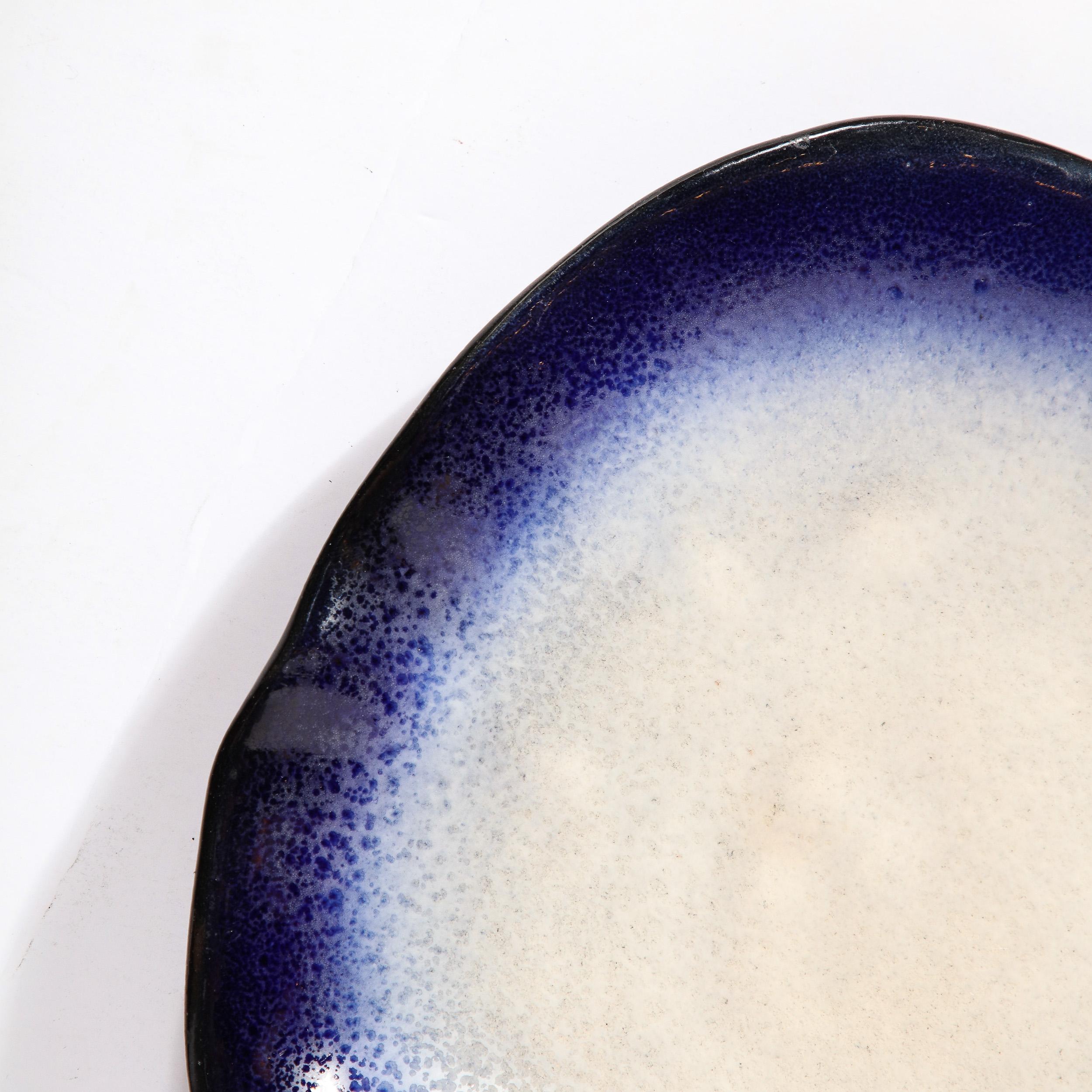 Mid-Century Abstract Blue & White Oyster Form Ceramic Plate Signed Pol Chambost In Excellent Condition In New York, NY