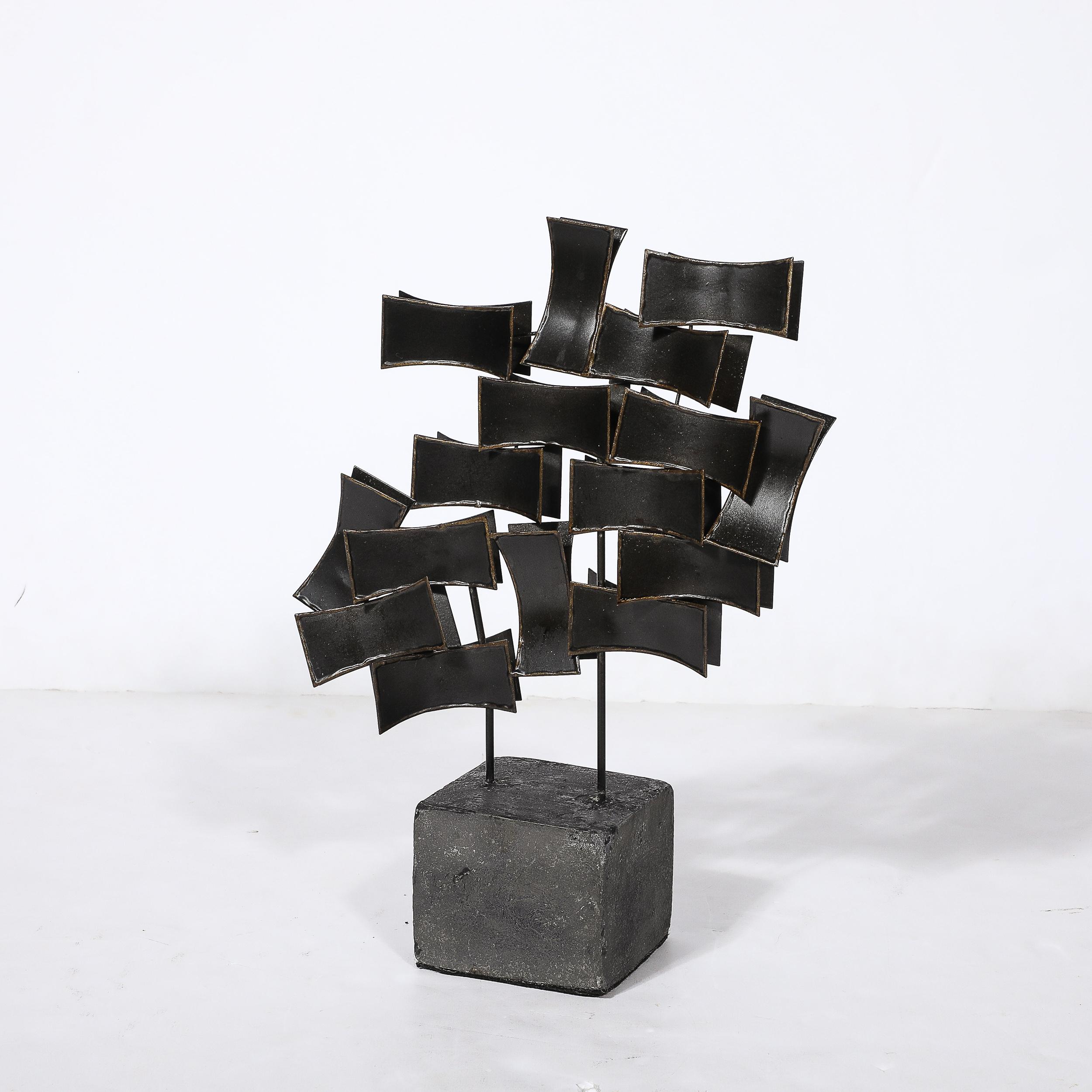 This simultaneously bold yet subtle Mid-Century Modernist Abstract Brutalist Sculpture in Cut Bronze is in the manner of Curtis Jeré, and originates from the United States, Circa 1970. Features a rectilinear base in molded concrete from which two
