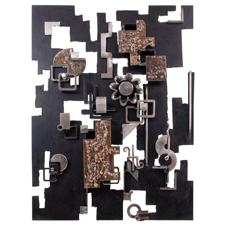 1970 Abstract Mid Century Brutalist Wall Sculpture Brass & Metal, Signed Grunau For Sale
