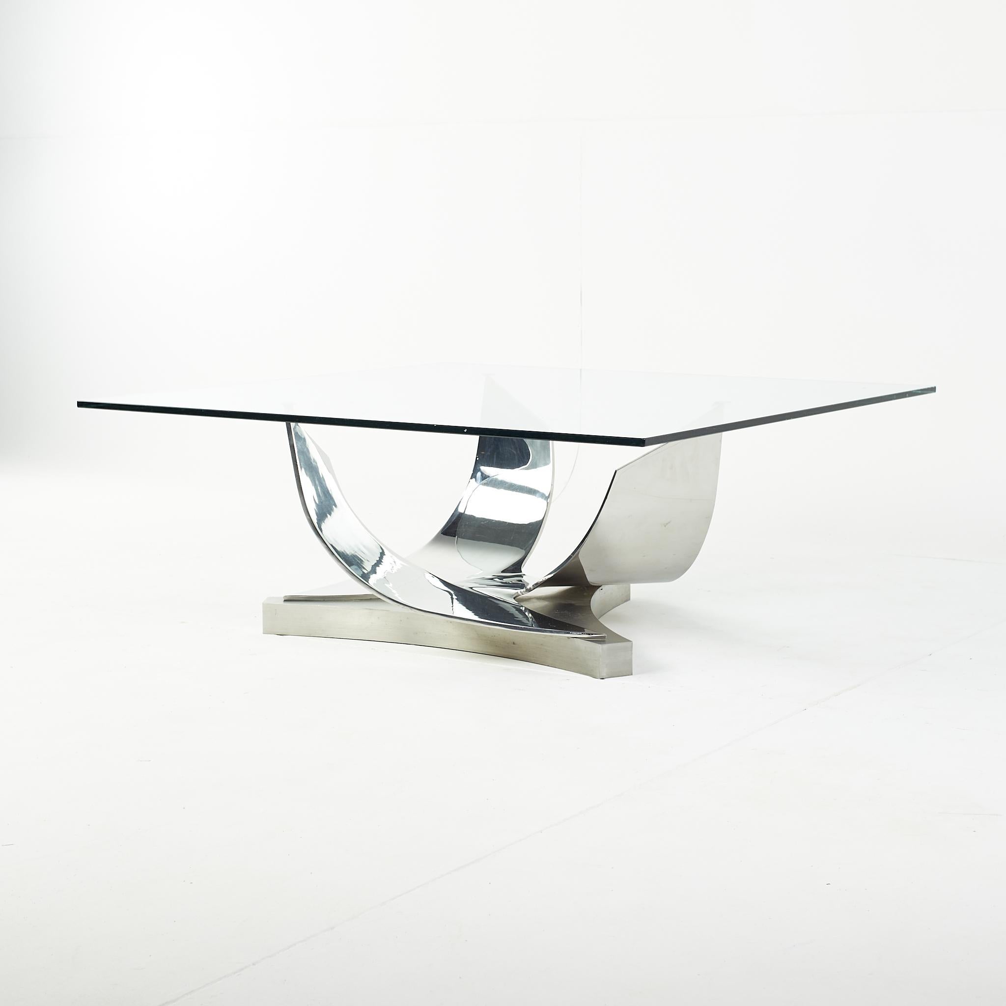 Mid-Century Modern Table basse Ron Seff en acier inoxydable poli et verre en vente