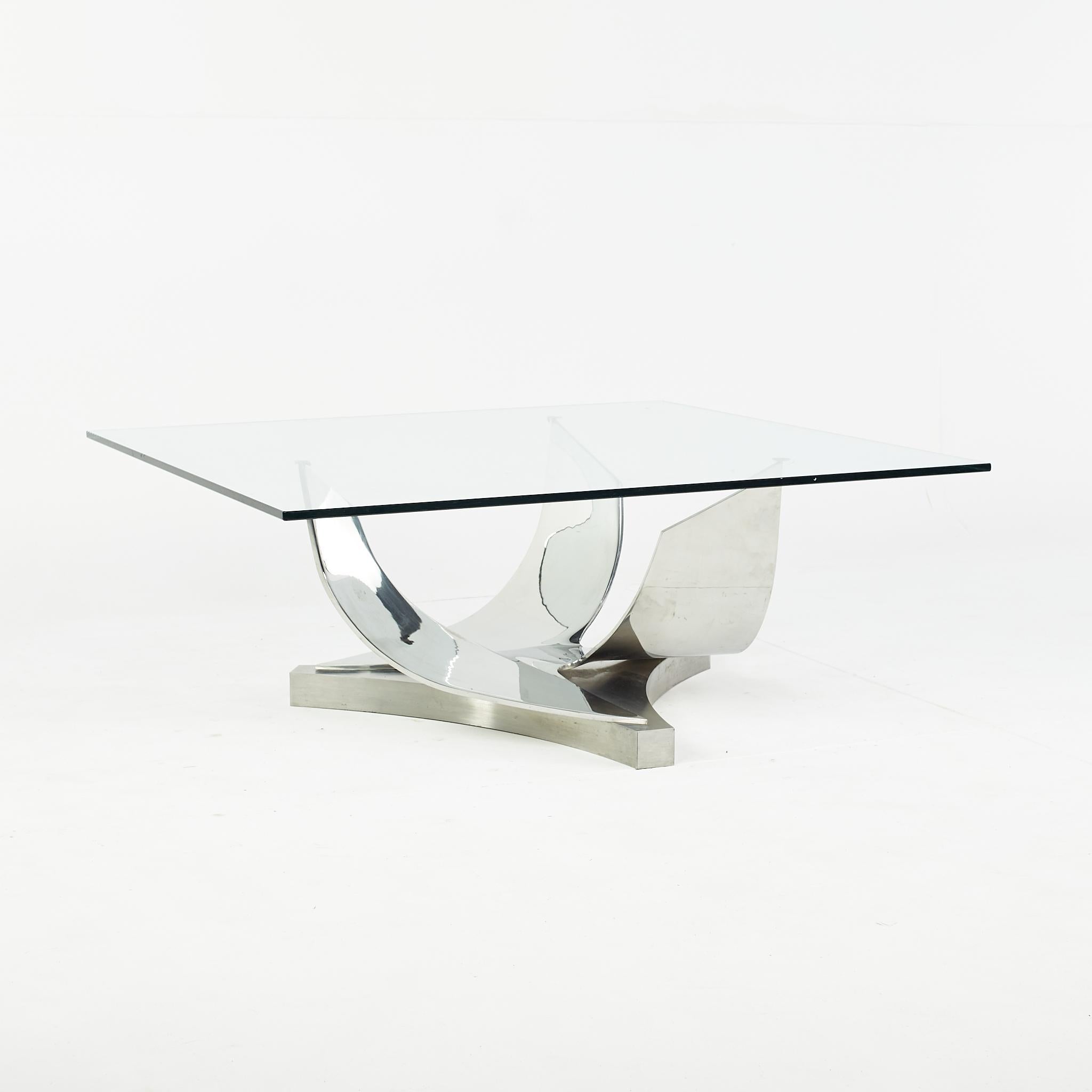 American Ron Seff Polished Chrome Stainless Steel and Glass Coffee Table For Sale