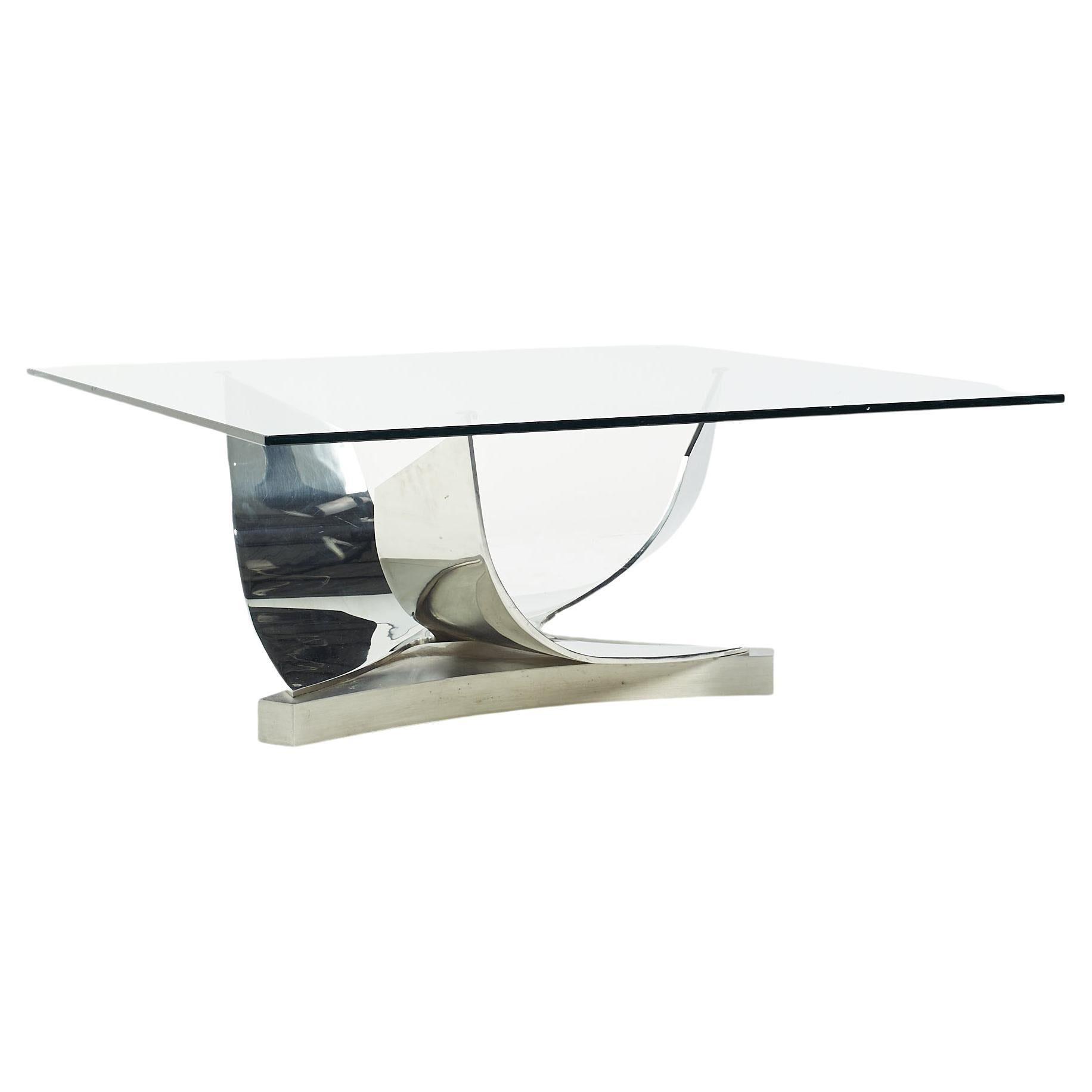 Ron Seff Polished Chrome Stainless Steel and Glass Coffee Table For Sale