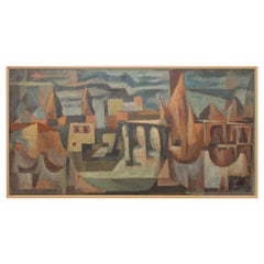 Mid Century Abstract Cityscape Oil on Board