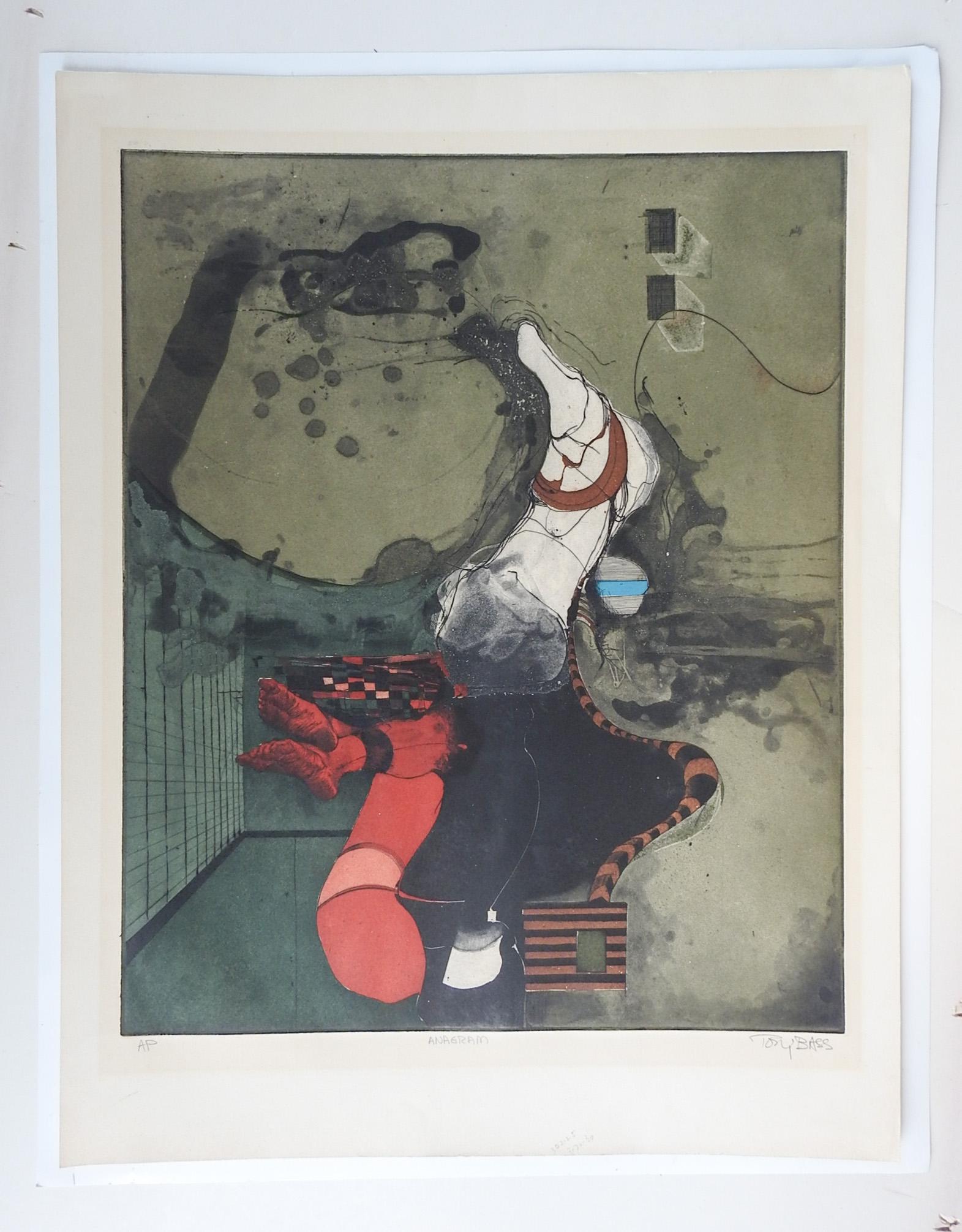 Circa 1970's abstract color etching on paper by Tony Bass ( b.1943) Texas. Signed, titled Anagram artist proof in pencil along lower margin. Abstract surreal figures in red balck, and gray. Unframed, age toning.