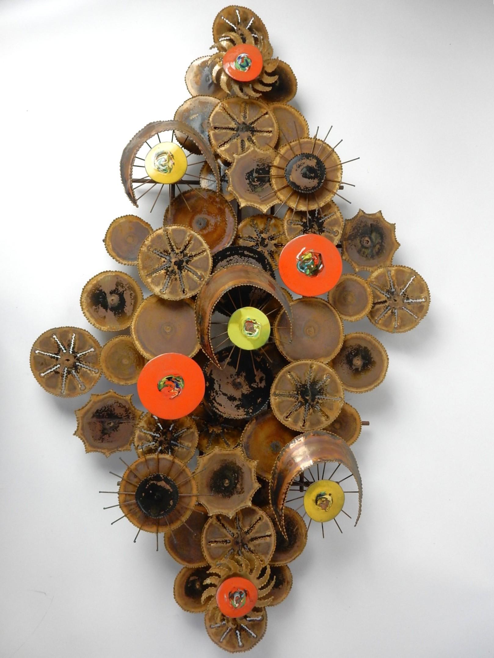 Mid Century Abstrakte Kupfer Messing & Emaille Wand Kunst Skulptur (amerikanisch) im Angebot
