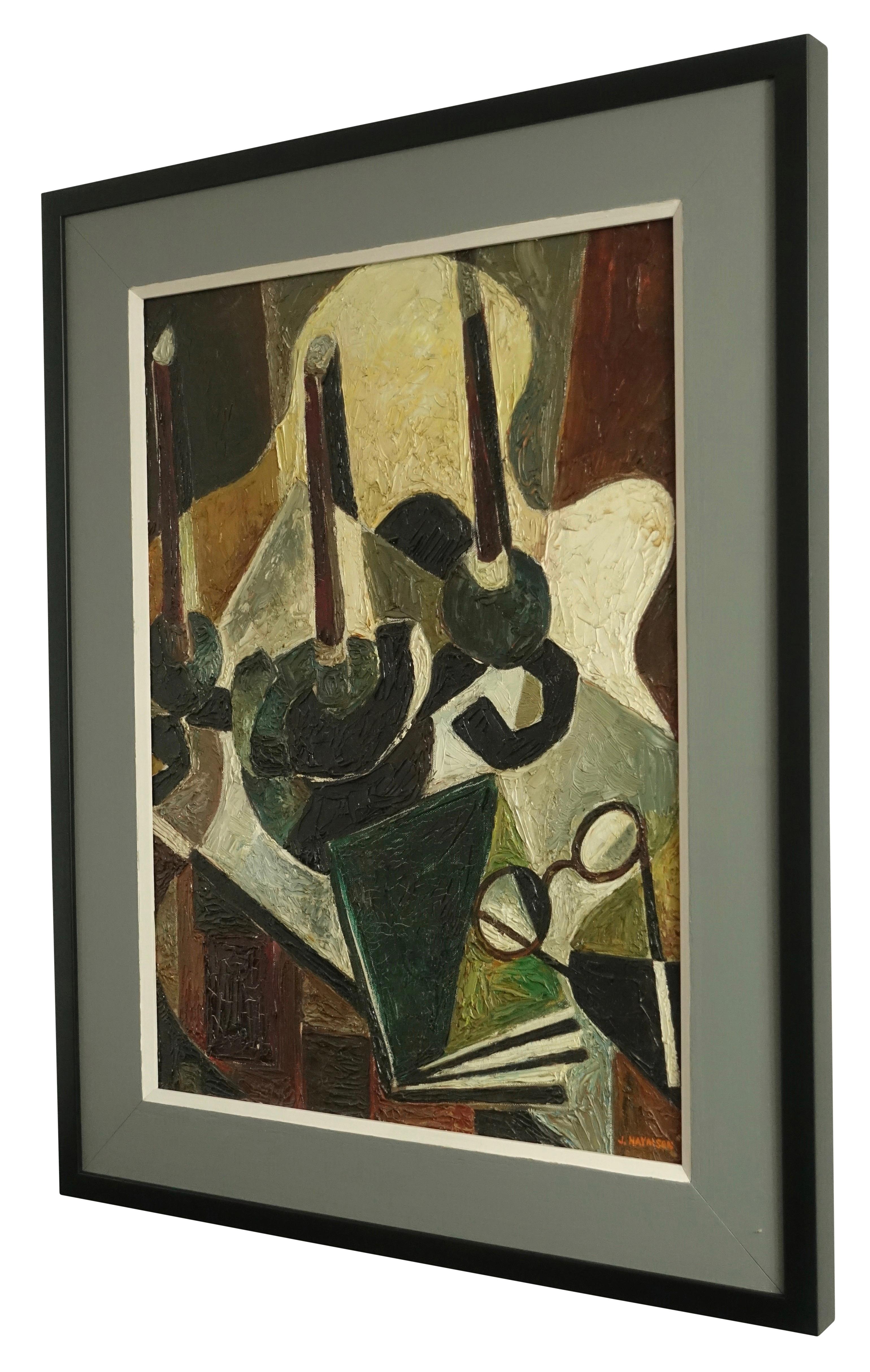 Nature morte expressionniste abstraite d'une vue d'intérieur. Huile sur toile, signée J Haymson (B.1903-D.1980). Récemment encadré sur mesure. 

John Haymson était actif/vivait dans le district de Columbia. John Haymson est connu pour ses paysages