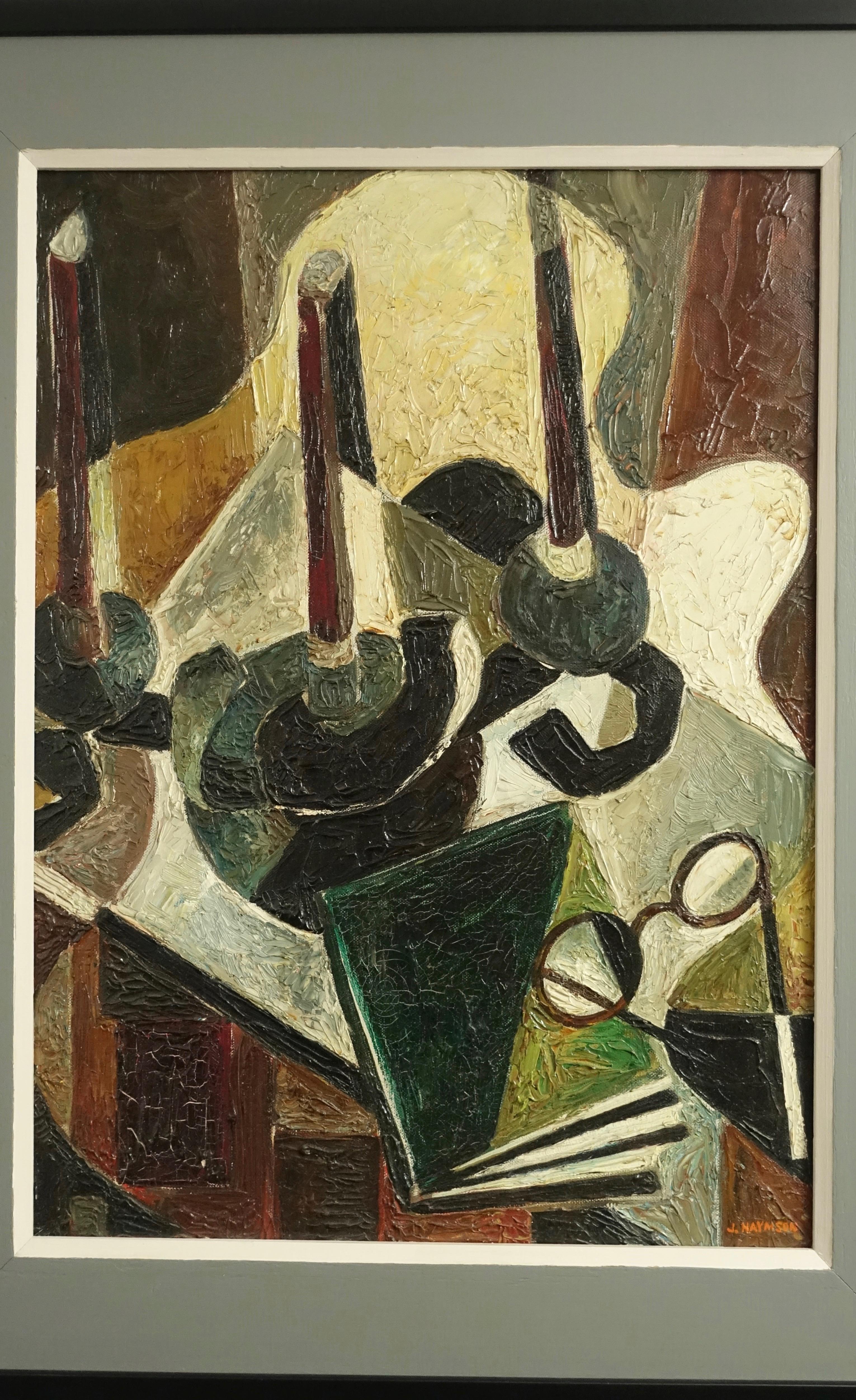 Américain Nature morte de l'expressionnisme abstrait du milieu du siècle - Peinture à l'huile signée J. Haymson en vente