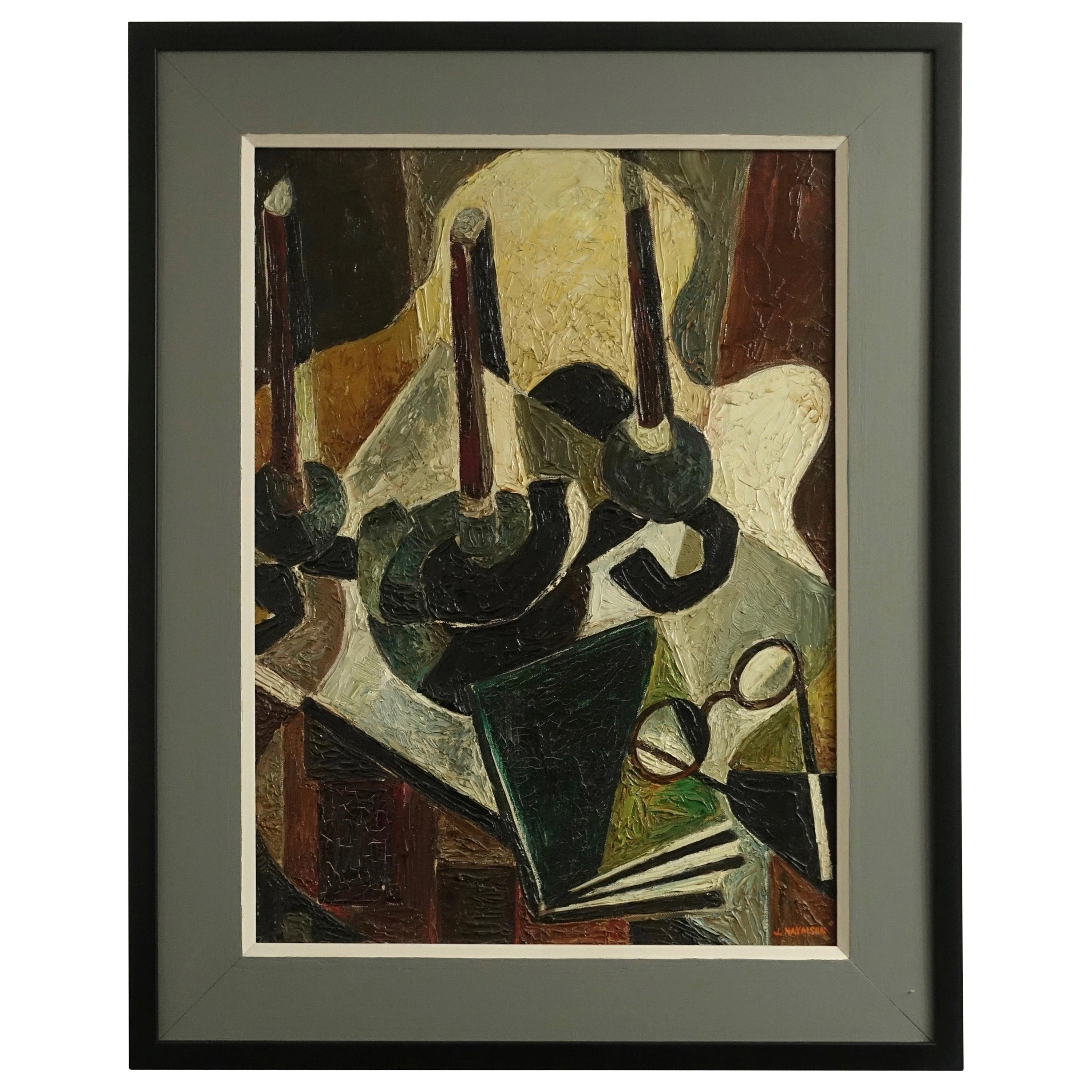 Nature morte de l'expressionnisme abstrait du milieu du siècle - Peinture à l'huile signée J. Haymson en vente