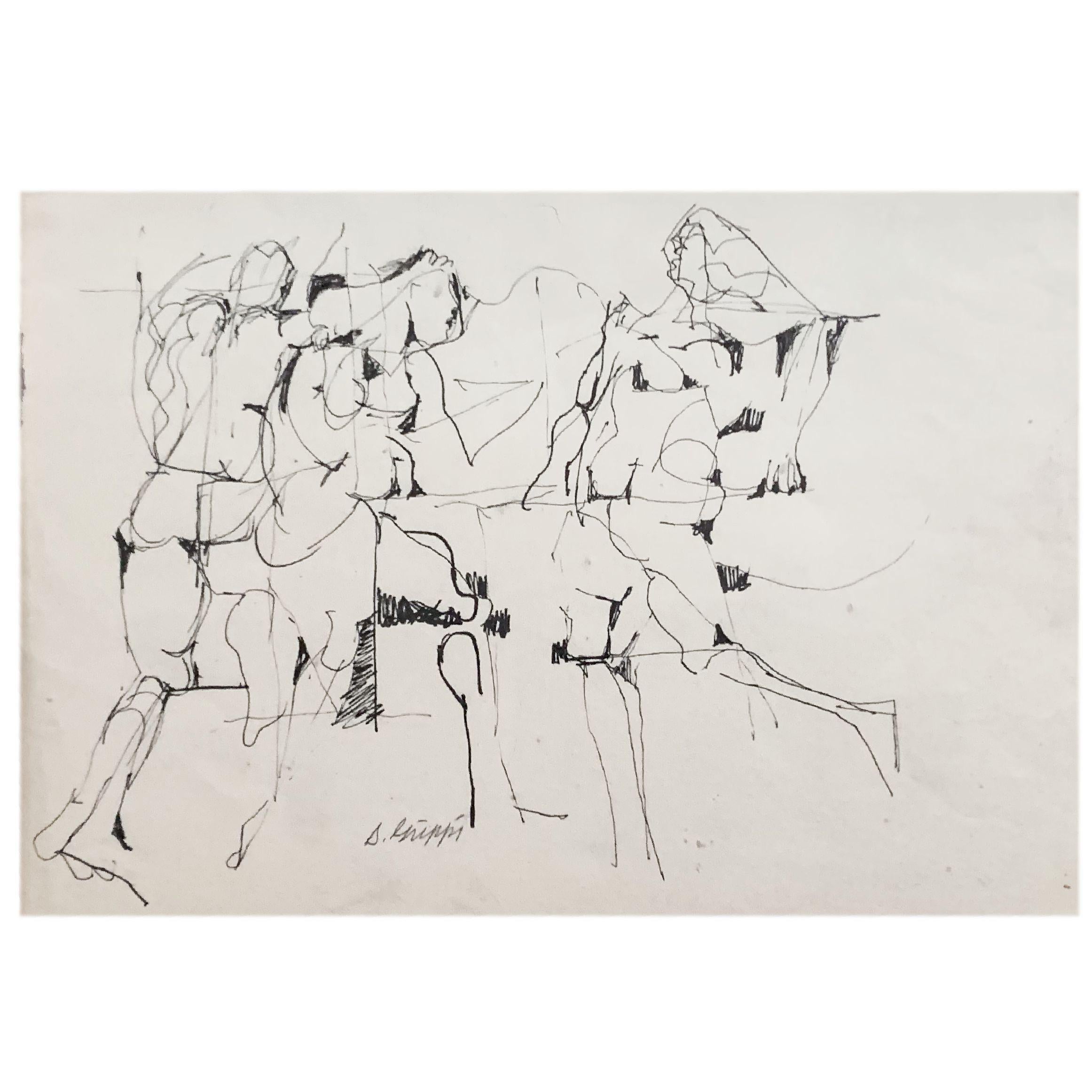 This ink figurative abstract Expressionist piece on paper is signed by its creator, noted New York School artist Salvatore Grippi. Though undated, the piece is similar in form and style to many of Grippi's earliest works, circa 1950.

The piece