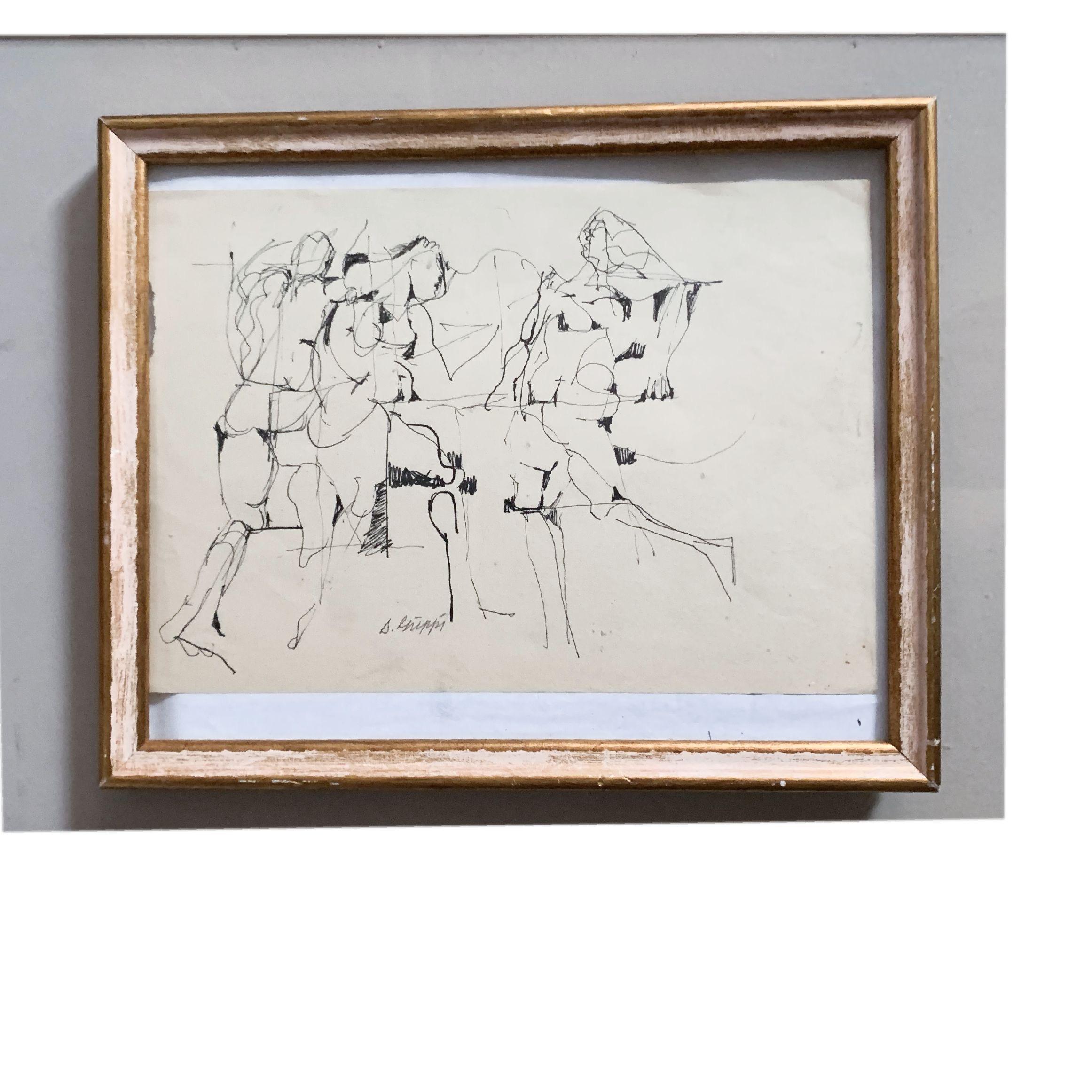 Mid-Century Modern Dessin expressionniste abstrait à l'encre sur papier de Salvatore Grippi, 1953 en vente