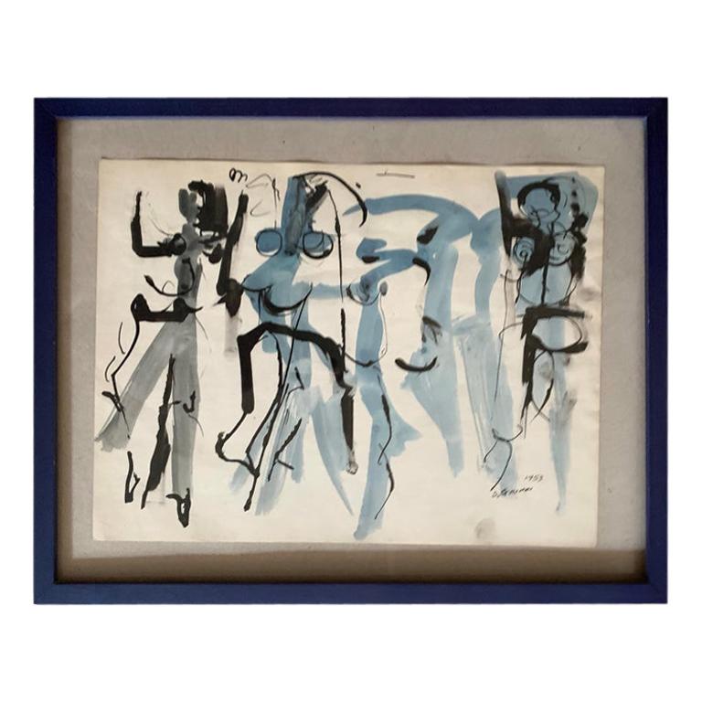 Midcentury abstract expressionist ink drawing on paper by Salvatore Grippi, 1953. Measures: 9.5