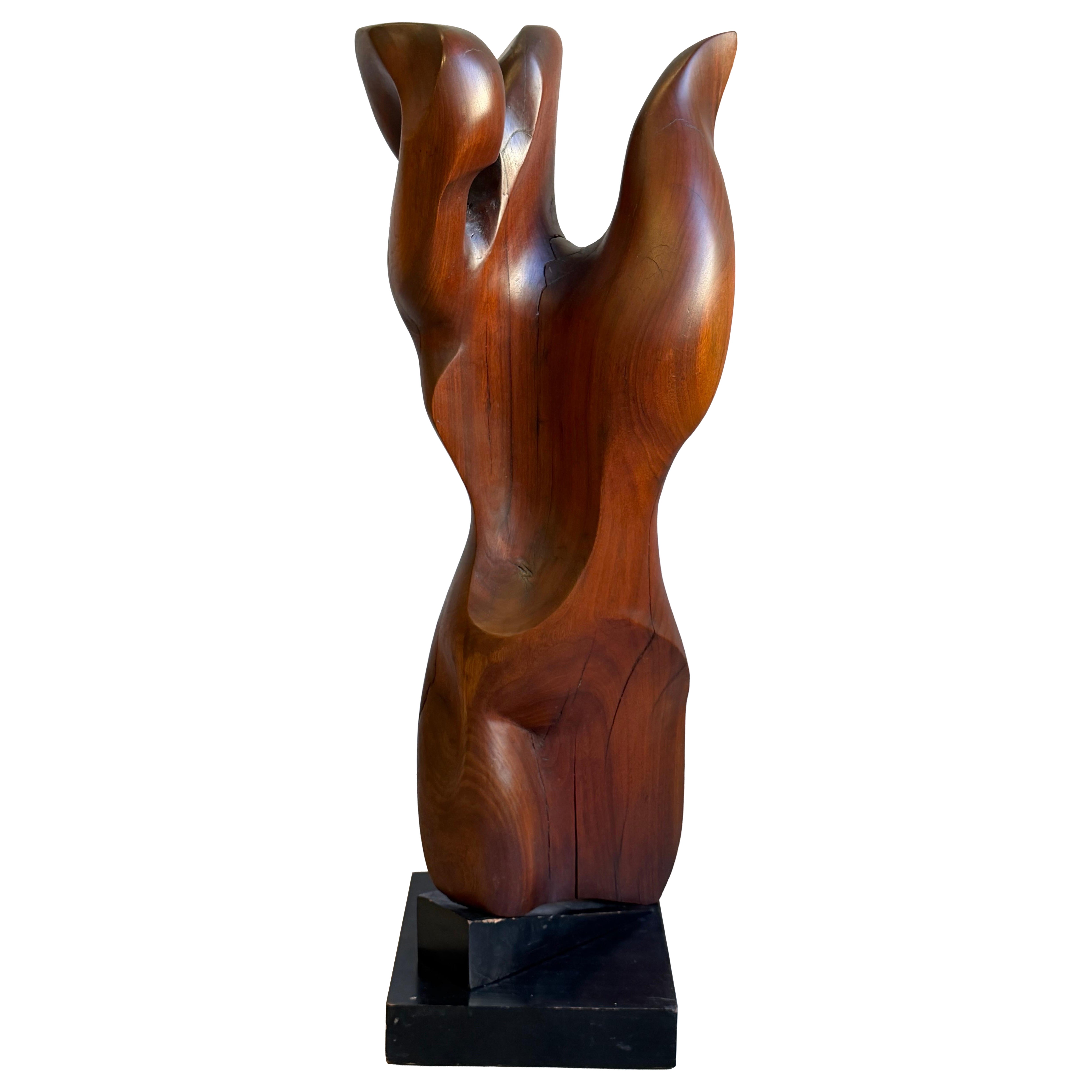 Mid Century Abstract Figural Wood Sculpture on Stand