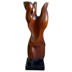 Mid Century Abstract Figural Wood Sculpture on Stand