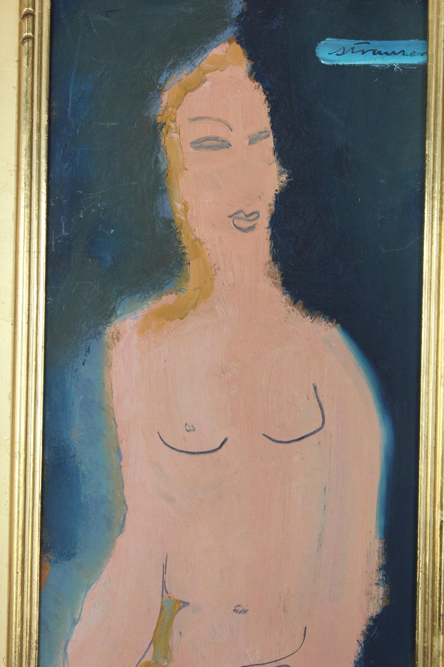 Midcentury abstract figure oil painting by Sterling Boyd Strauser 1907-1995. Painted on board and framed in 22-karat gold leaf hand carved frame. Measures: Frame H 32
