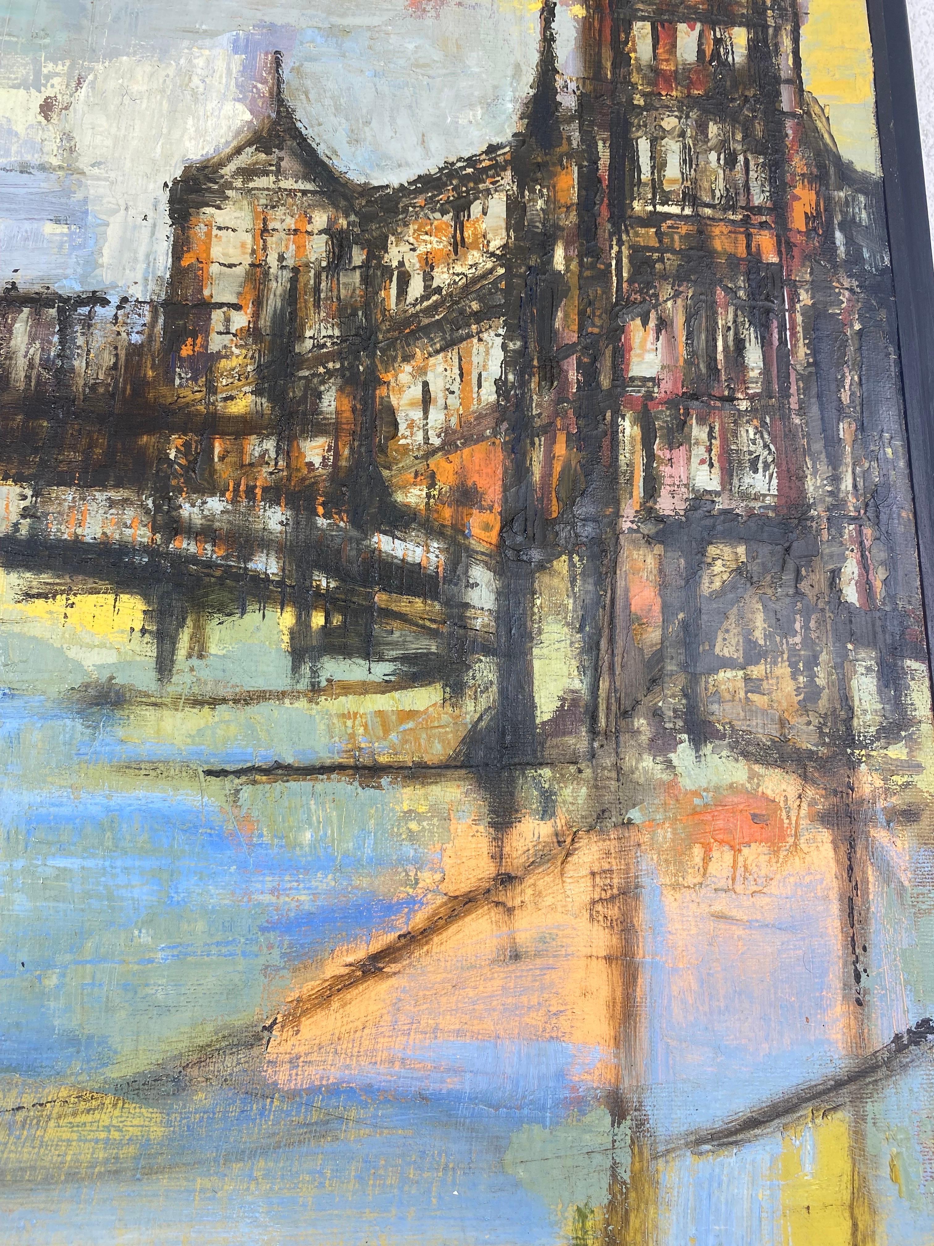 This is a mid century abstract Impressionist oil on canvas cityscape. This oil painting is presented at a painted black frame. This impressionist oil painting has brilliant tones of yellow, pastel blue and black. The painting has an excellent heavy