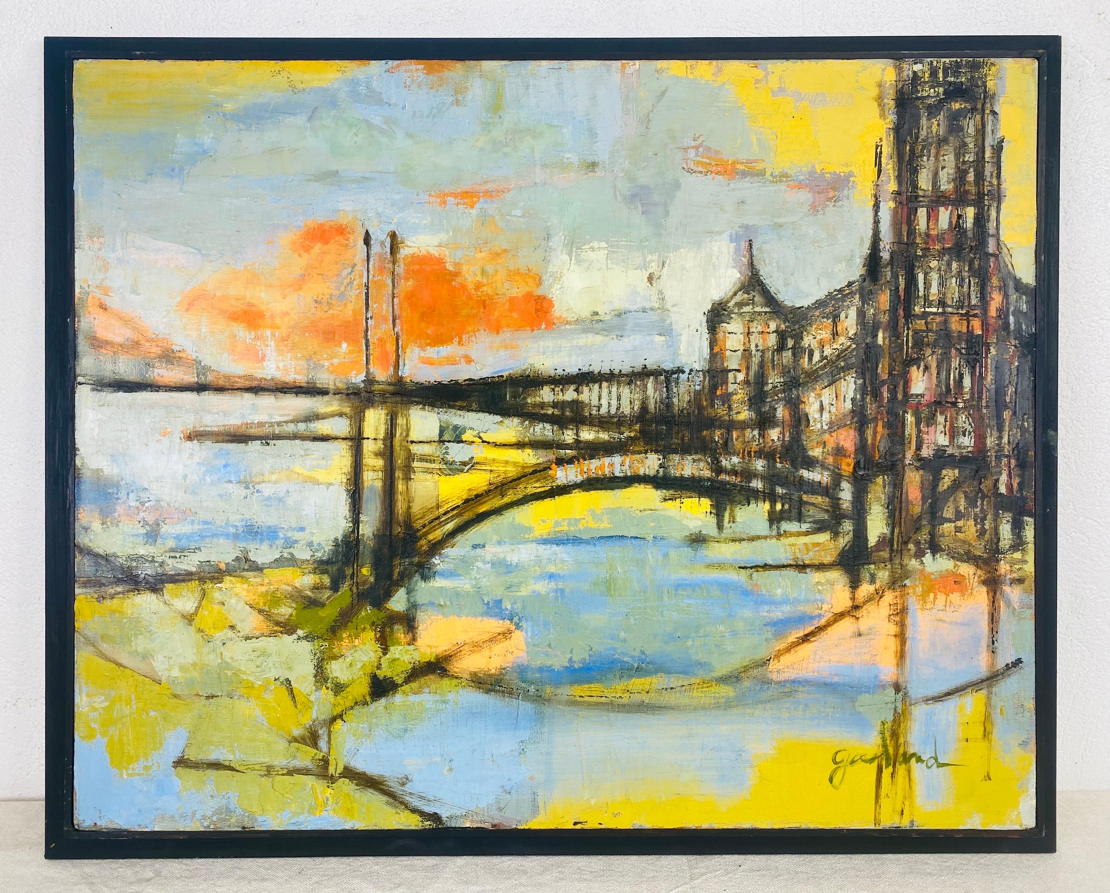 American Mid century abstract impressionist cityscape oil on canvas signed garland For Sale