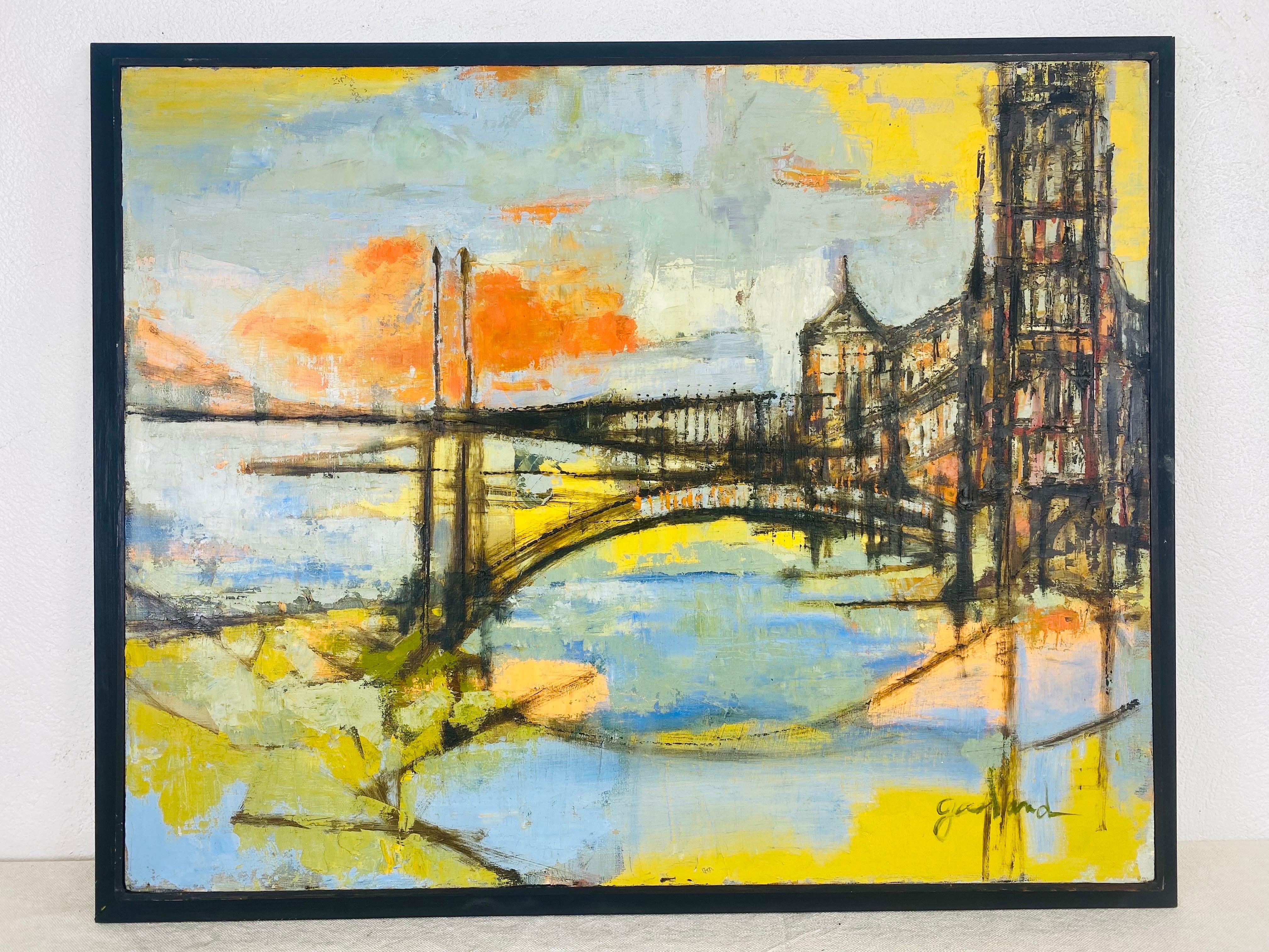 Mid century abstract impressionist cityscape oil on canvas signed garland For Sale 1