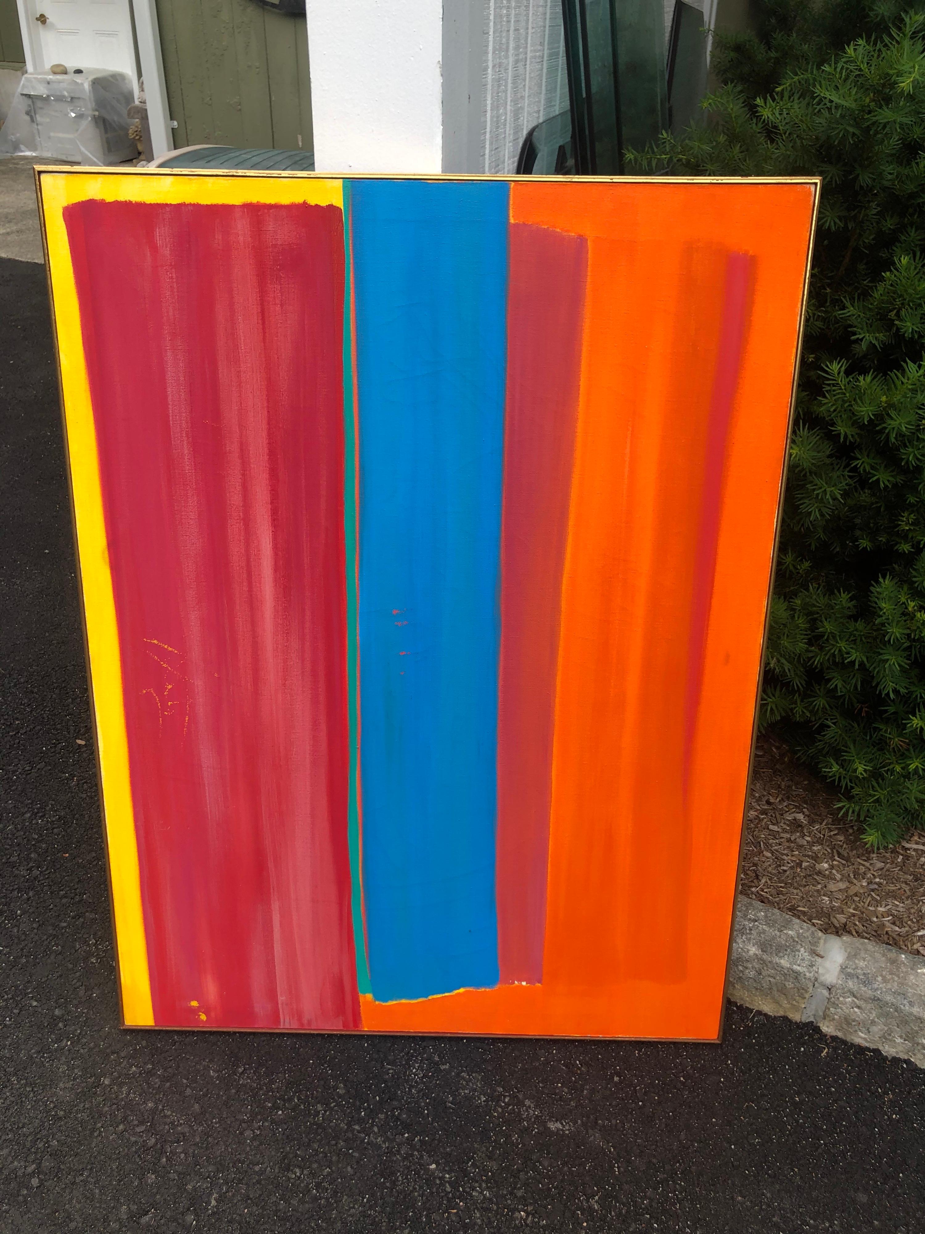 Mid Century abstract in primary colors. Perfect pop of color for that empty wall. Red, blue, yellow and orange oil on canvas. Unsigned. This item can parcel ship. 
