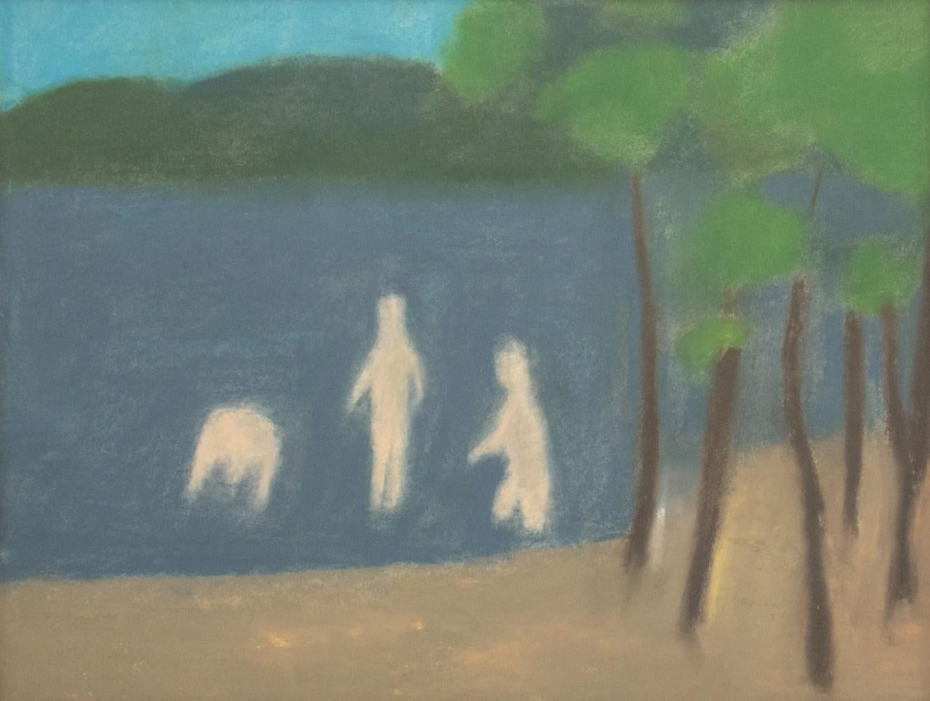 Midcentury abstract landscape gouache on paper depicting three human figures on a lake, signed in pencil 