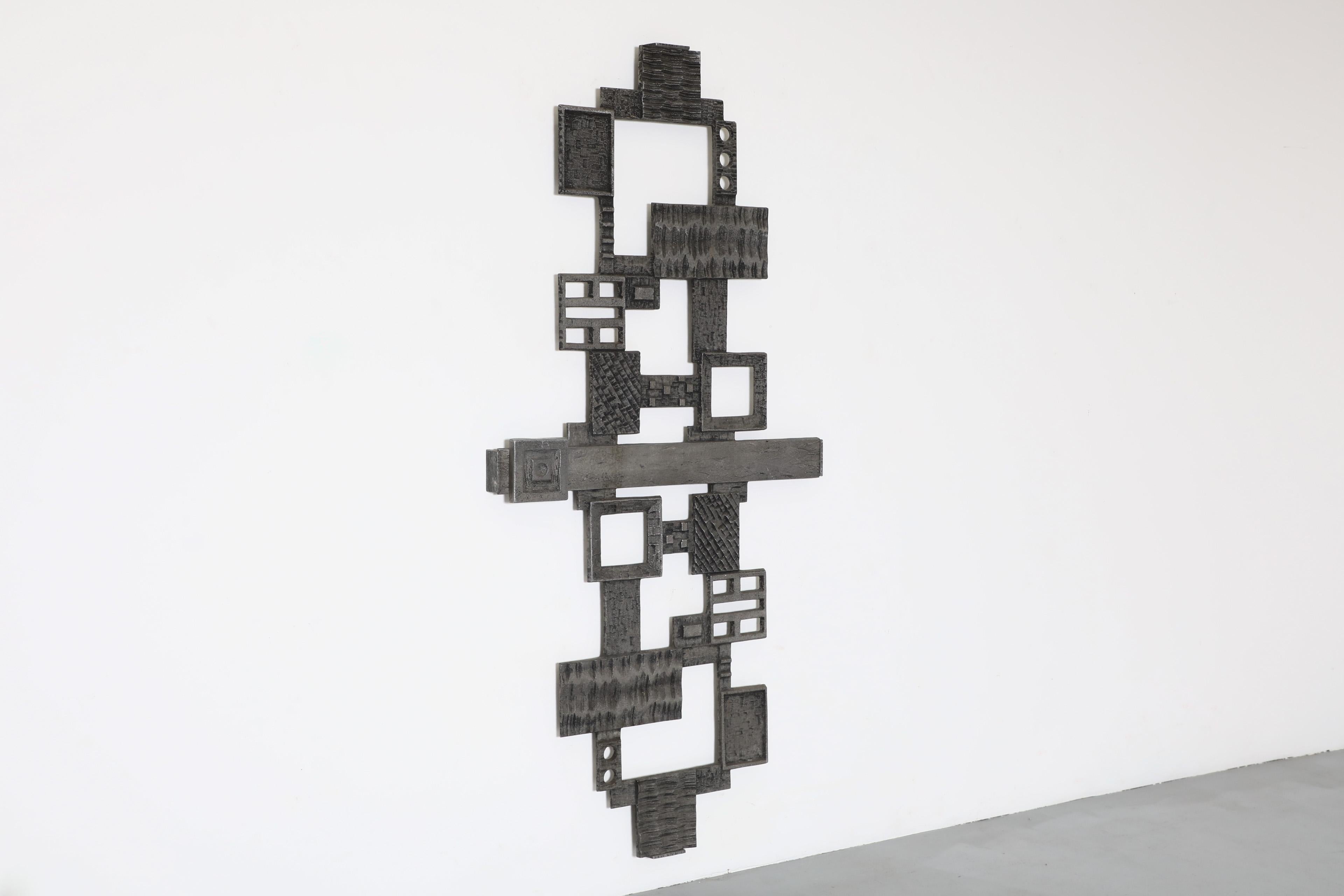 German Mid-Century Abstract Metal Brutalist Door Panel, Raw, Geometric, and Carved For Sale