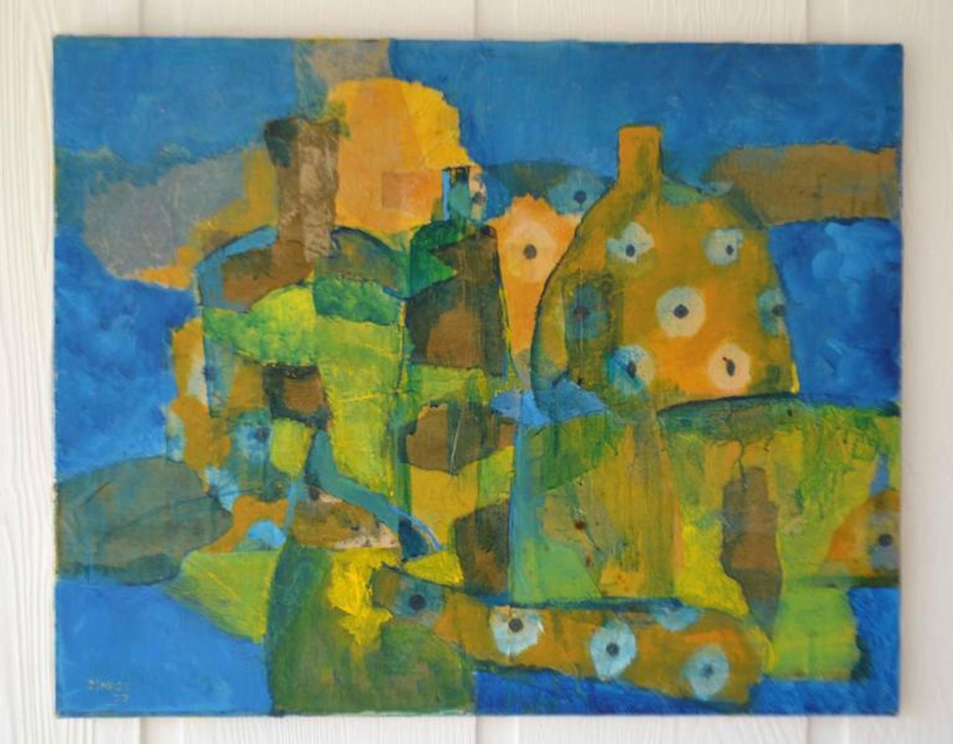 Striking midcentury abstract mixed-media on canvas, circa 1977.