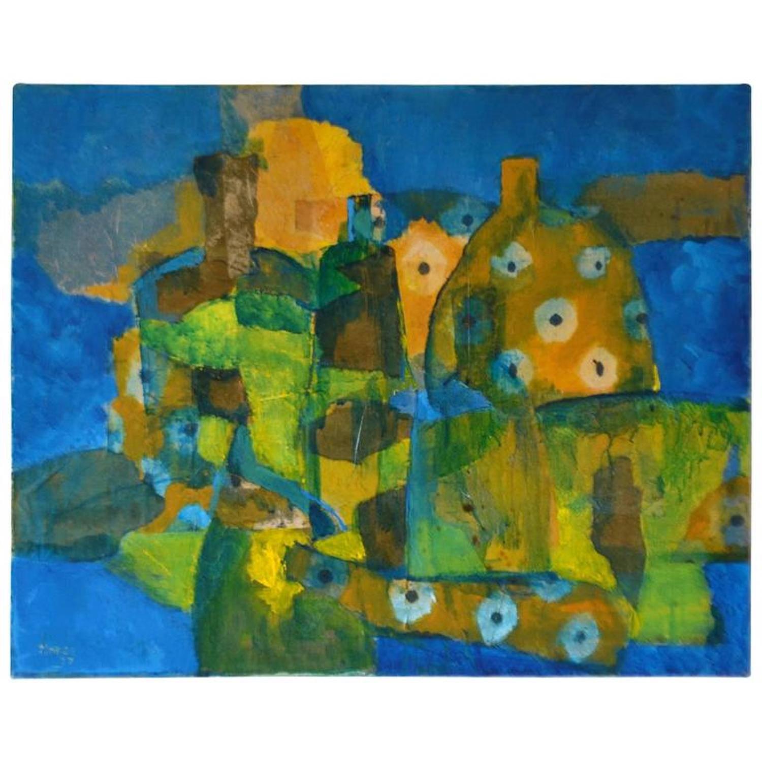 Midcentury Abstract Mixed-Media on Canvas For Sale