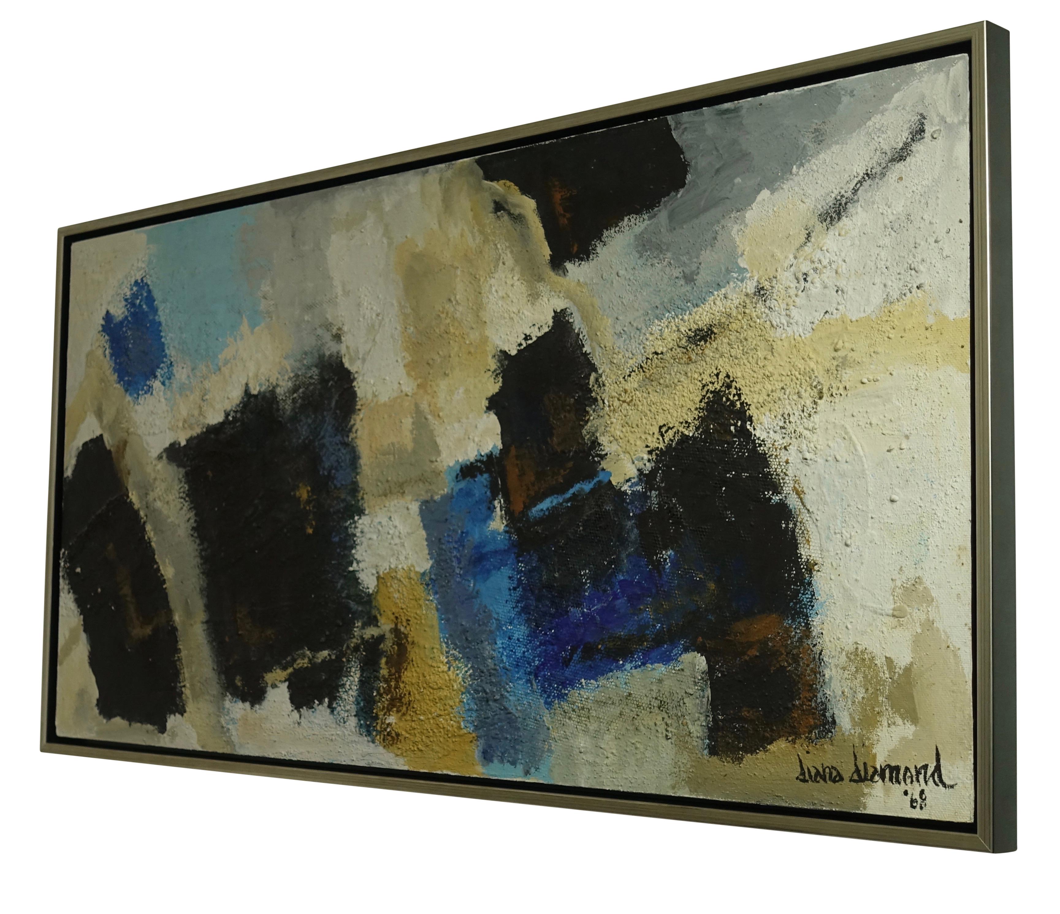 A heavily textured large abstract mixed media painting by American California artist Diana Diamond, signed lower left and dated 1968. Acrylic with crinoline fabric on canvas. Recently framed.
Blues, black, brown, yellow, white and gray.