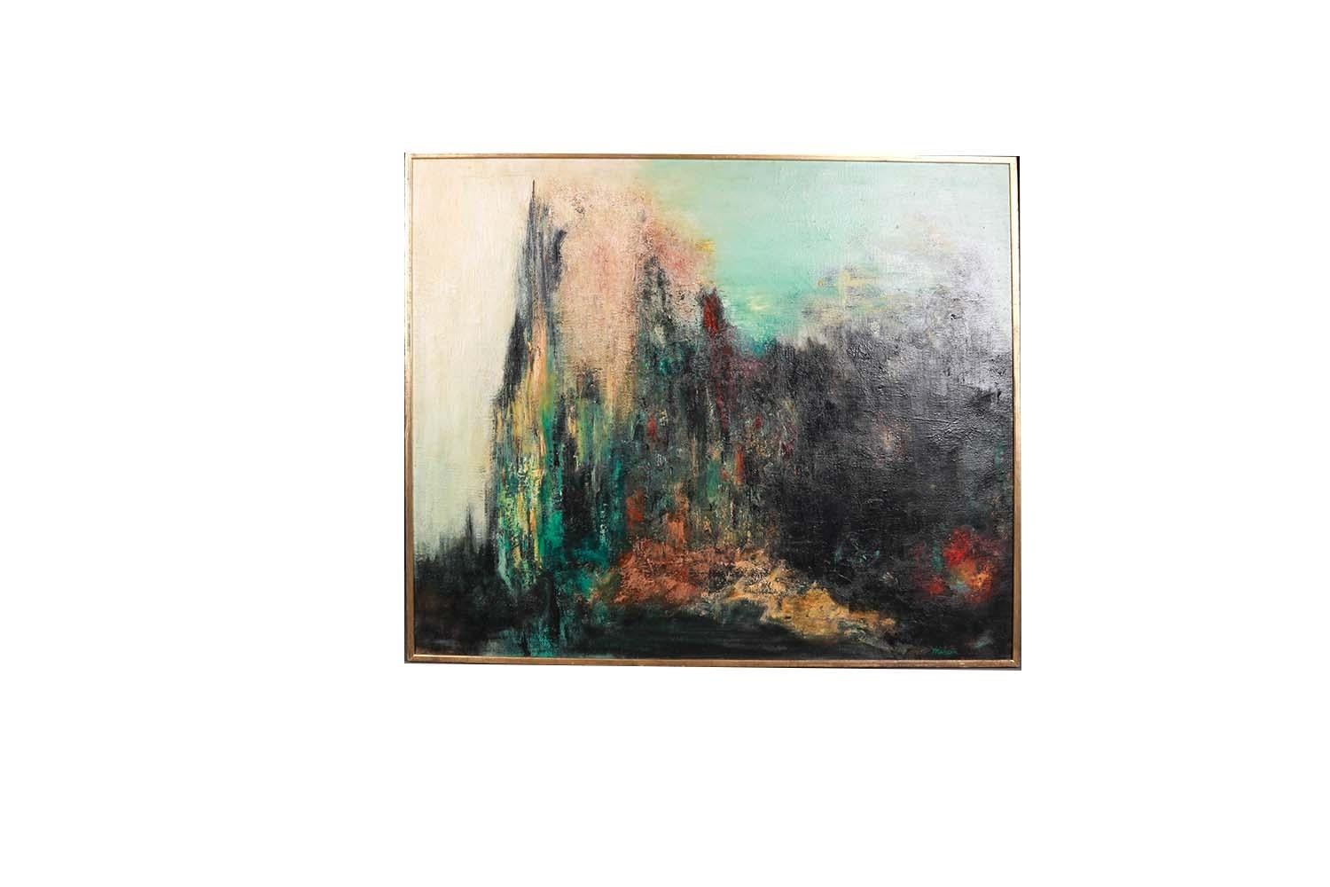 A large, original, gorgeous, abstract on canvas, by artist Etta C. Mercur, signed lower right.  This original large work of art is an excellent example of abstract style from the 20th century. Impressive abstract painting that  is quite striking,