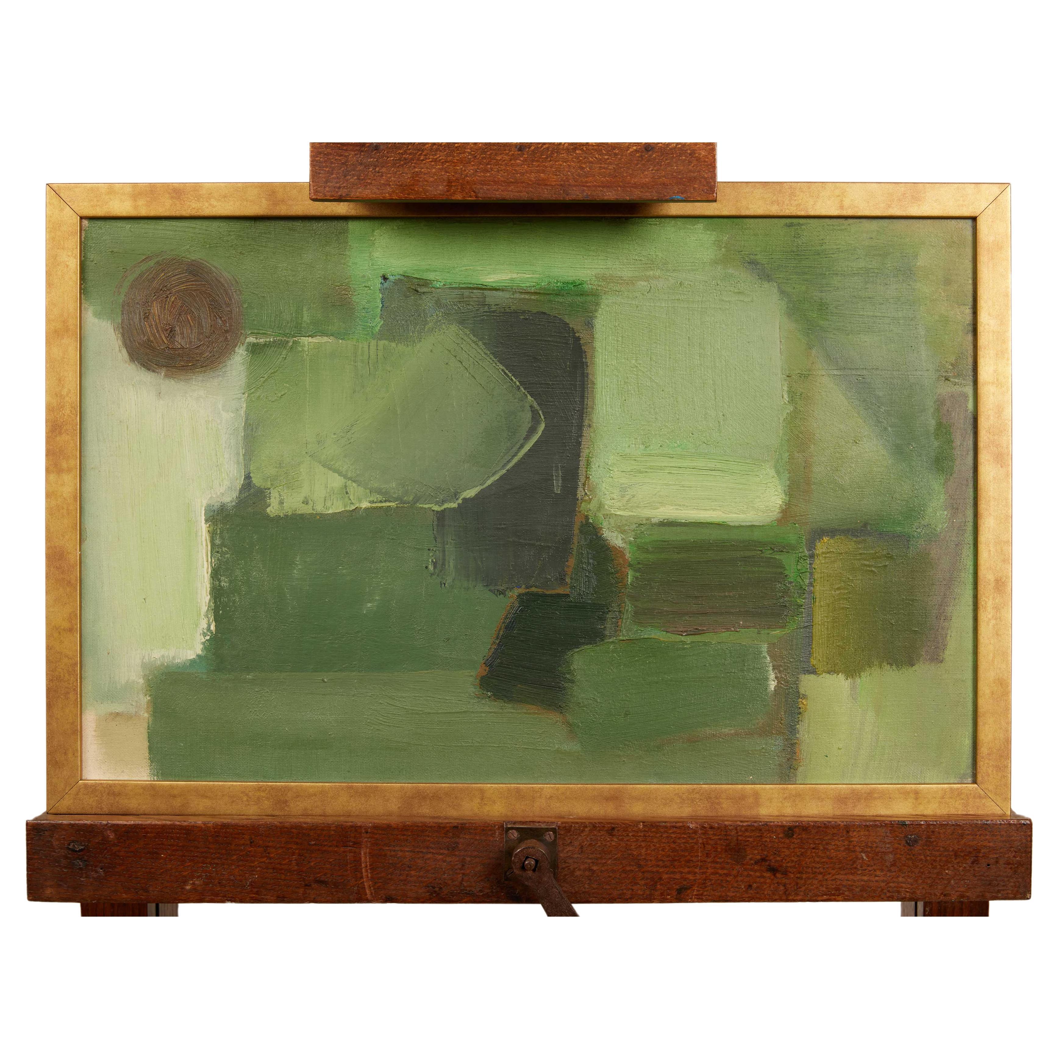 Mid Century Modern Abstract Painting 1960s, Brown Moon Vibrant Green Tones For Sale
