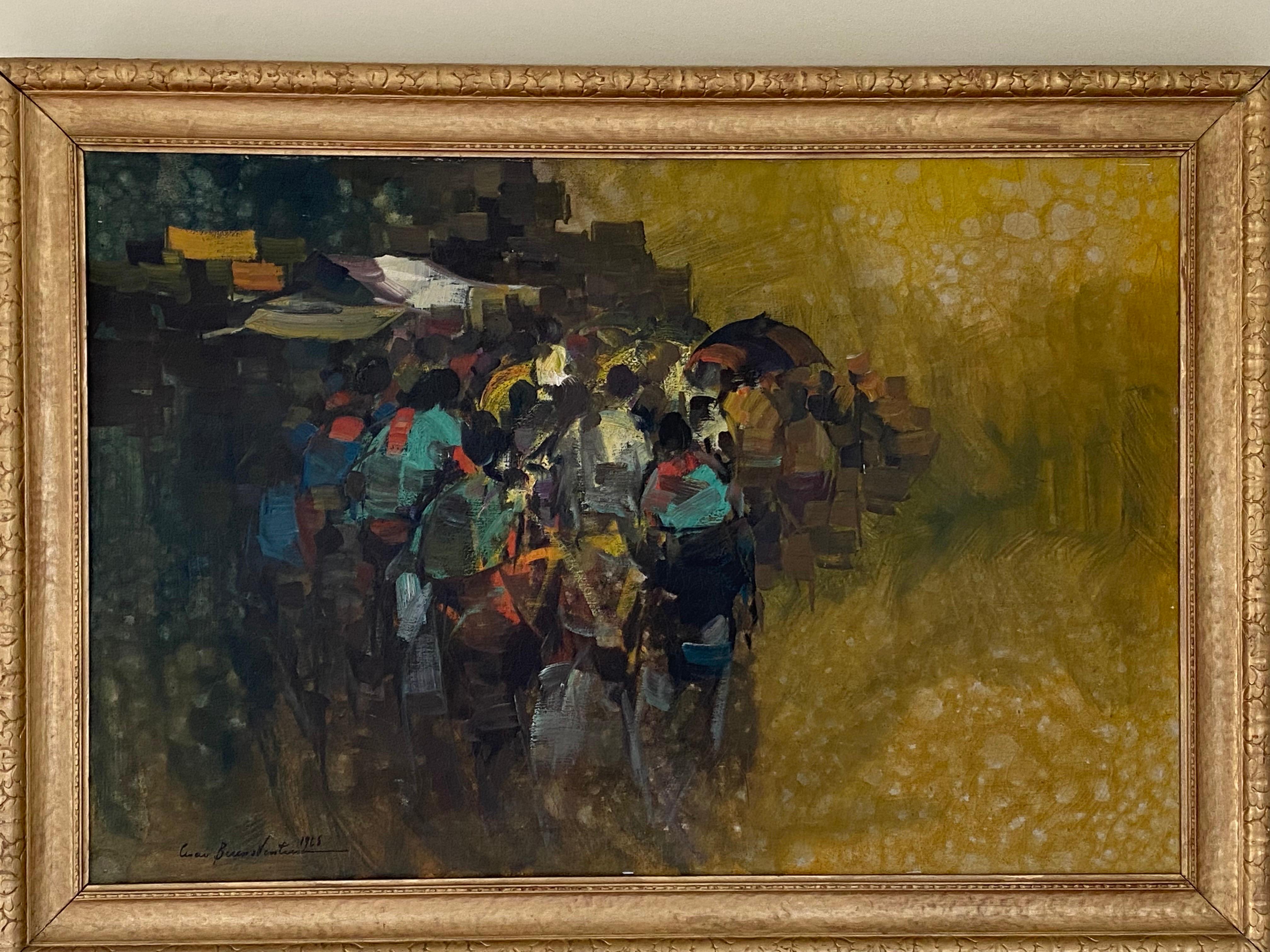 Mid century abstract painting by Cesar Buenaventura (Filipino, 1922–1983) 

Nice colorful compostion of villagers gathering and sitting in an outdoor cafe marketplace with some buildings in the distance. Signed and dated 1968. Nicely framed in a