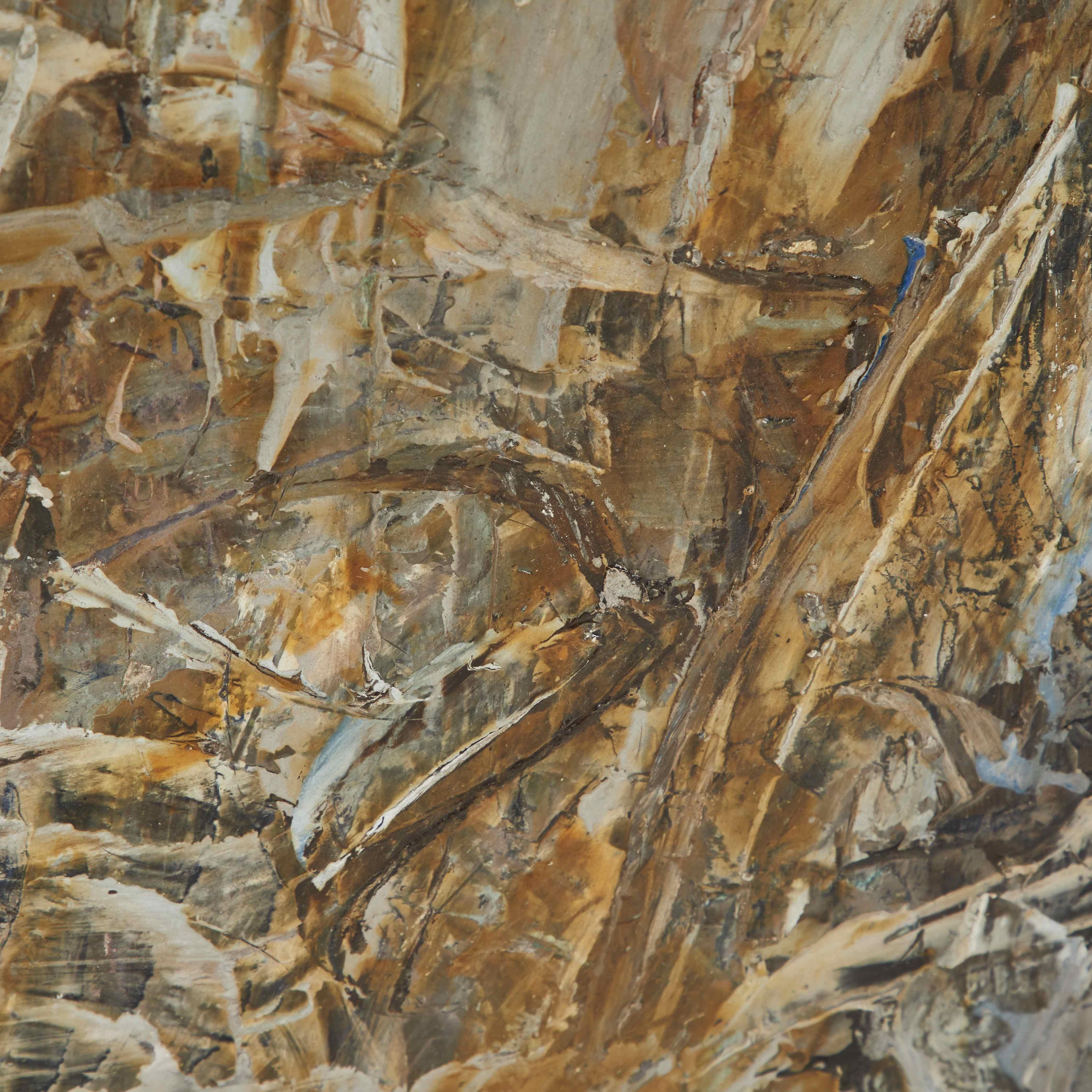 Abstraktes expressionistisches Ölgemälde von Charles Maussion aus der Mitte des Jahrhunderts. Die energiegeladene Lebendigkeit des Werks wird durch die rauchige, holzige Palette von Grau- und Ockertönen ausgeglichen. Das Gemälde ist dynamisch und