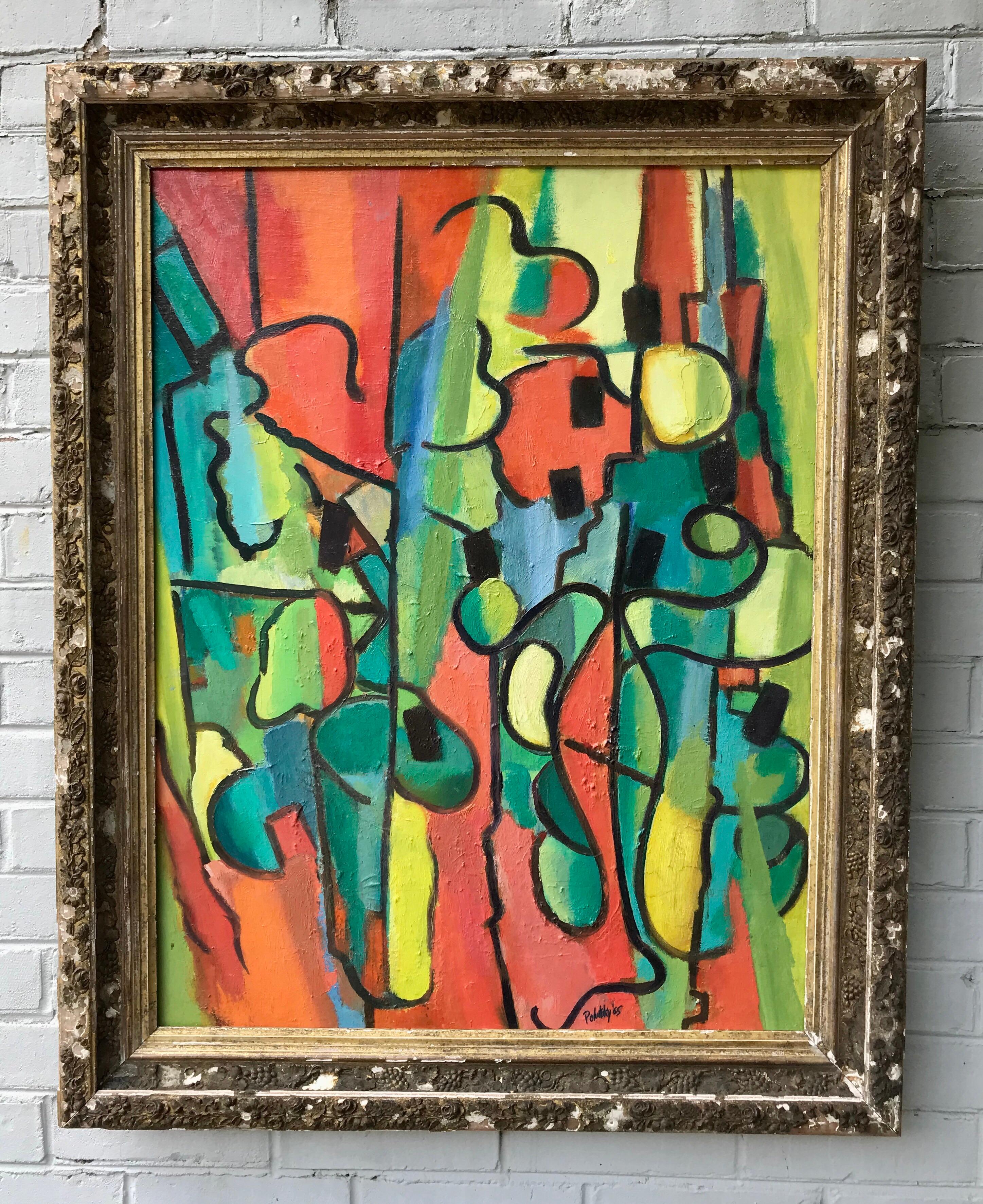 A colorful and captivating abstract acrylic on artist board painting signed Politsky, 1965. The palette is fresh and current and will set off decorative fireworks where ever it is employed. The painting is currently housed in a late 19th century