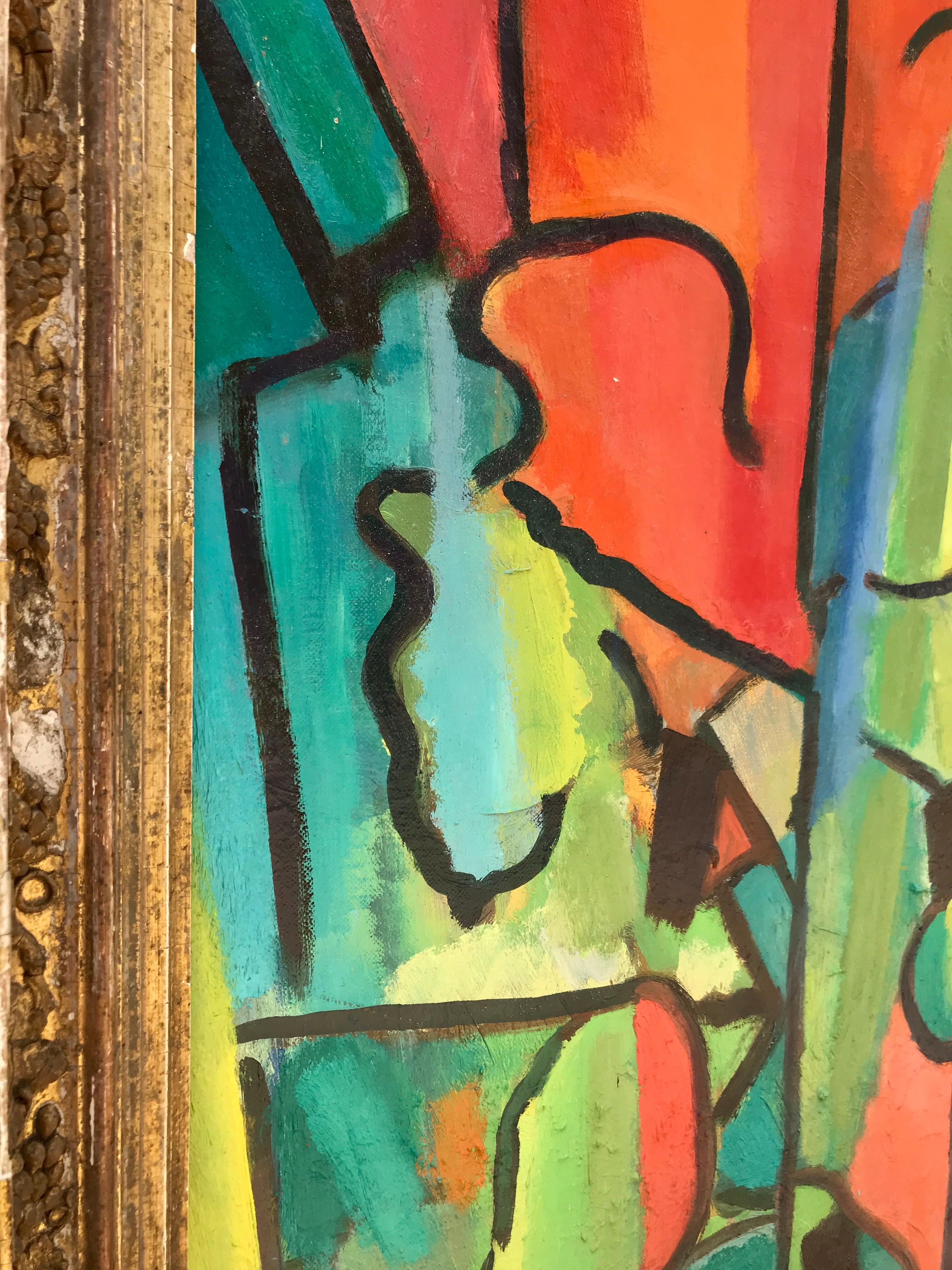 Mid-Century Modern Mid 20th Century Abstract Painting Framed in Antique Gilt Wood Frame For Sale